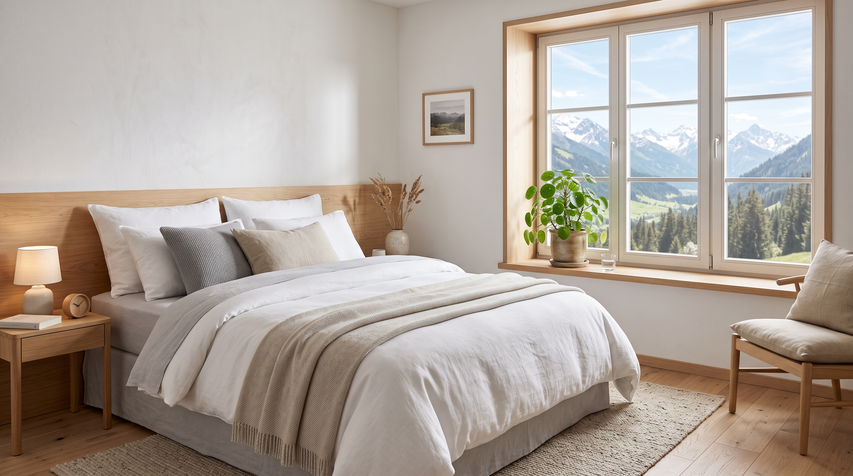 Sonnenlicht fällt auf ein ordentlich gemachtes Bett mit heller Bettwäsche am Morgen