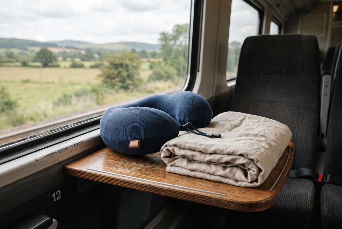 Reisekissen und weiche Decke am Zugfenster