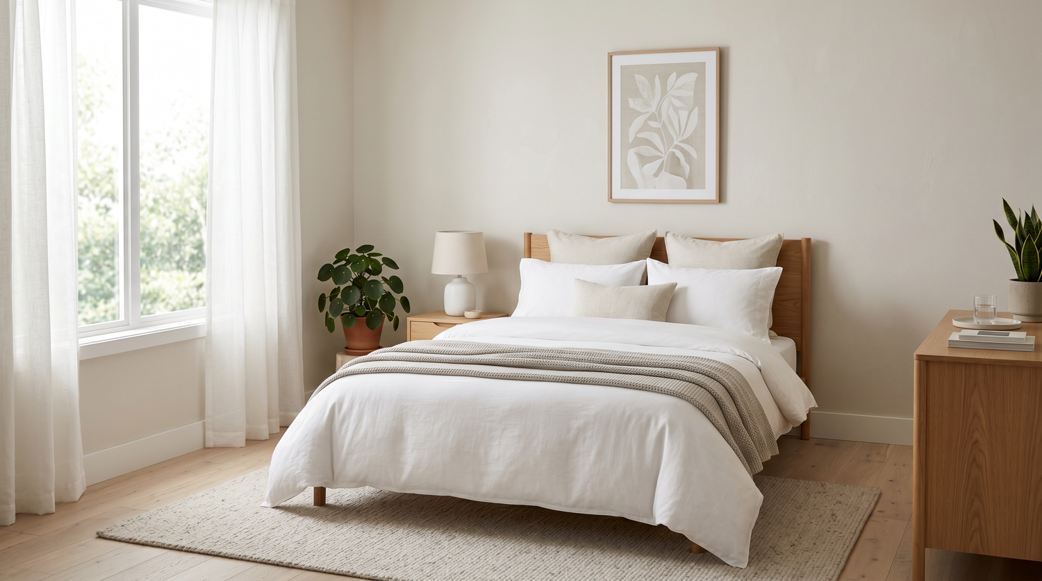 Aufgeräumtes, helles Schlafzimmer mit gemachtem Bett