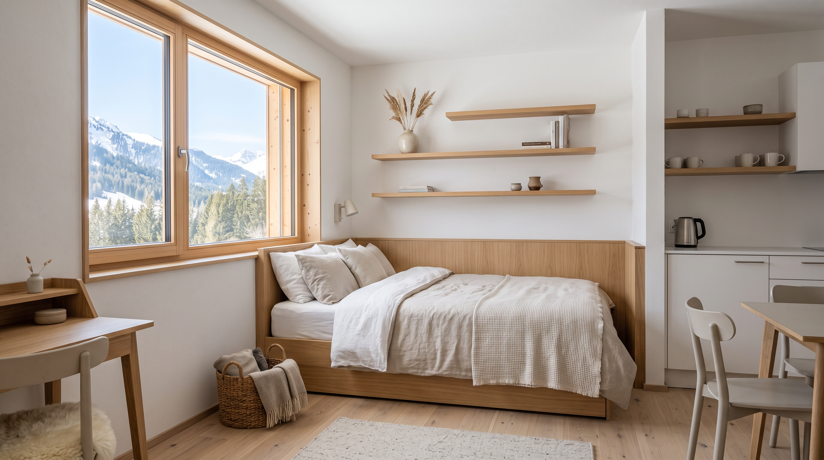 Kompakte Schlafnische mit Bett und Regalen in kleiner Wohnung