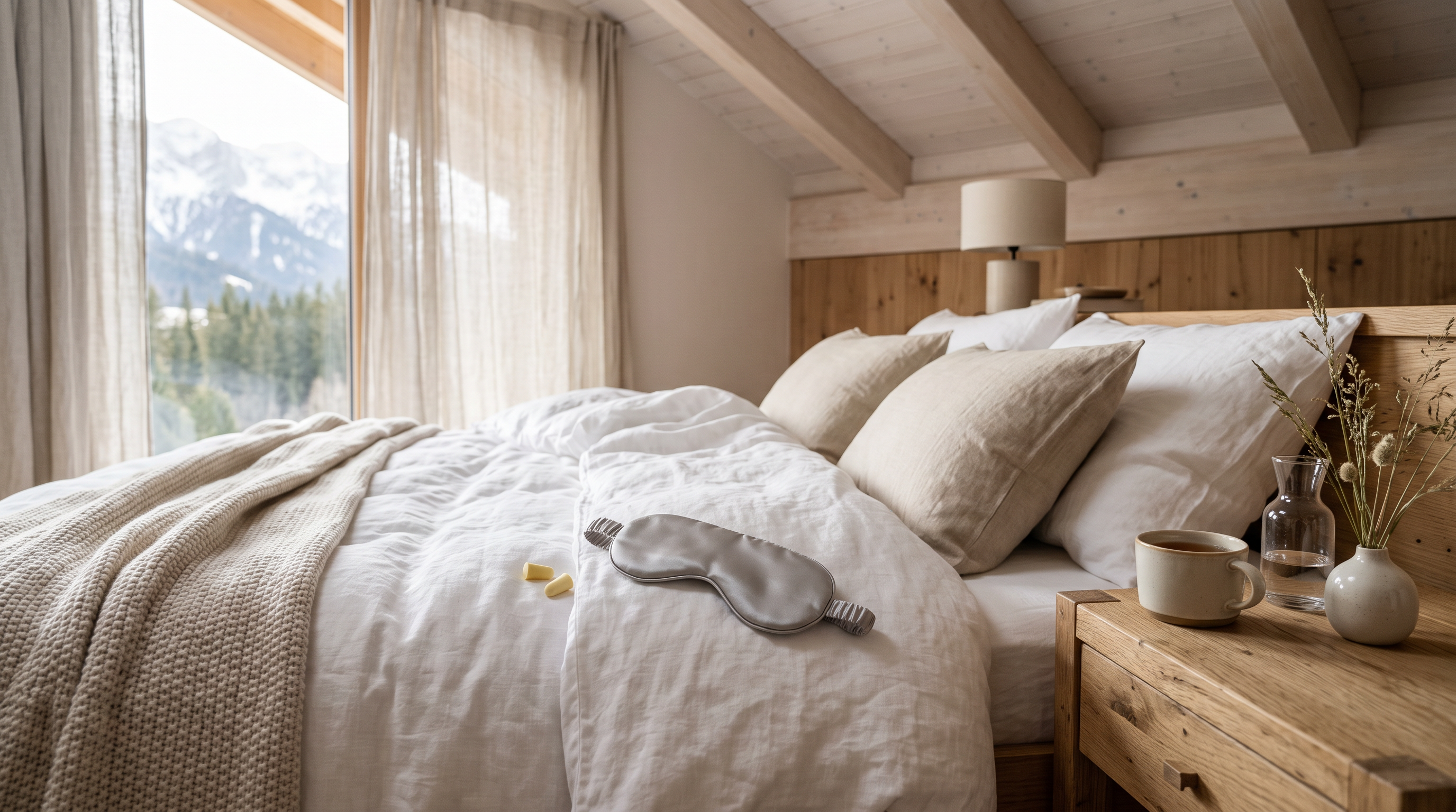 Schlafmaske und Ohrstöpsel auf weisser Leinenbettwäsche im hellen Schlafzimmer
