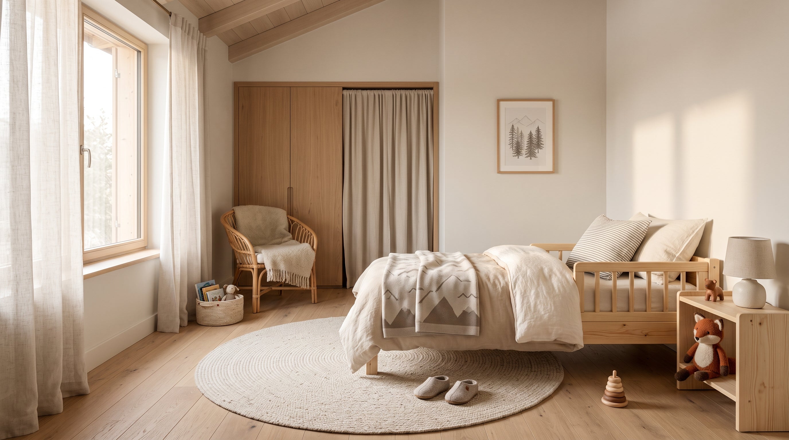 Kleinkindzimmer mit niedrigem Bett, weichem Teppich und warmem Licht