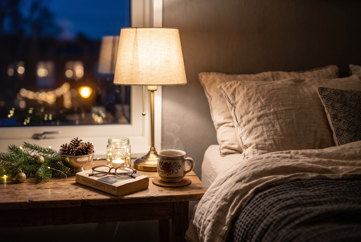 Nachttisch mit warmer Lampe am Silvesterabend