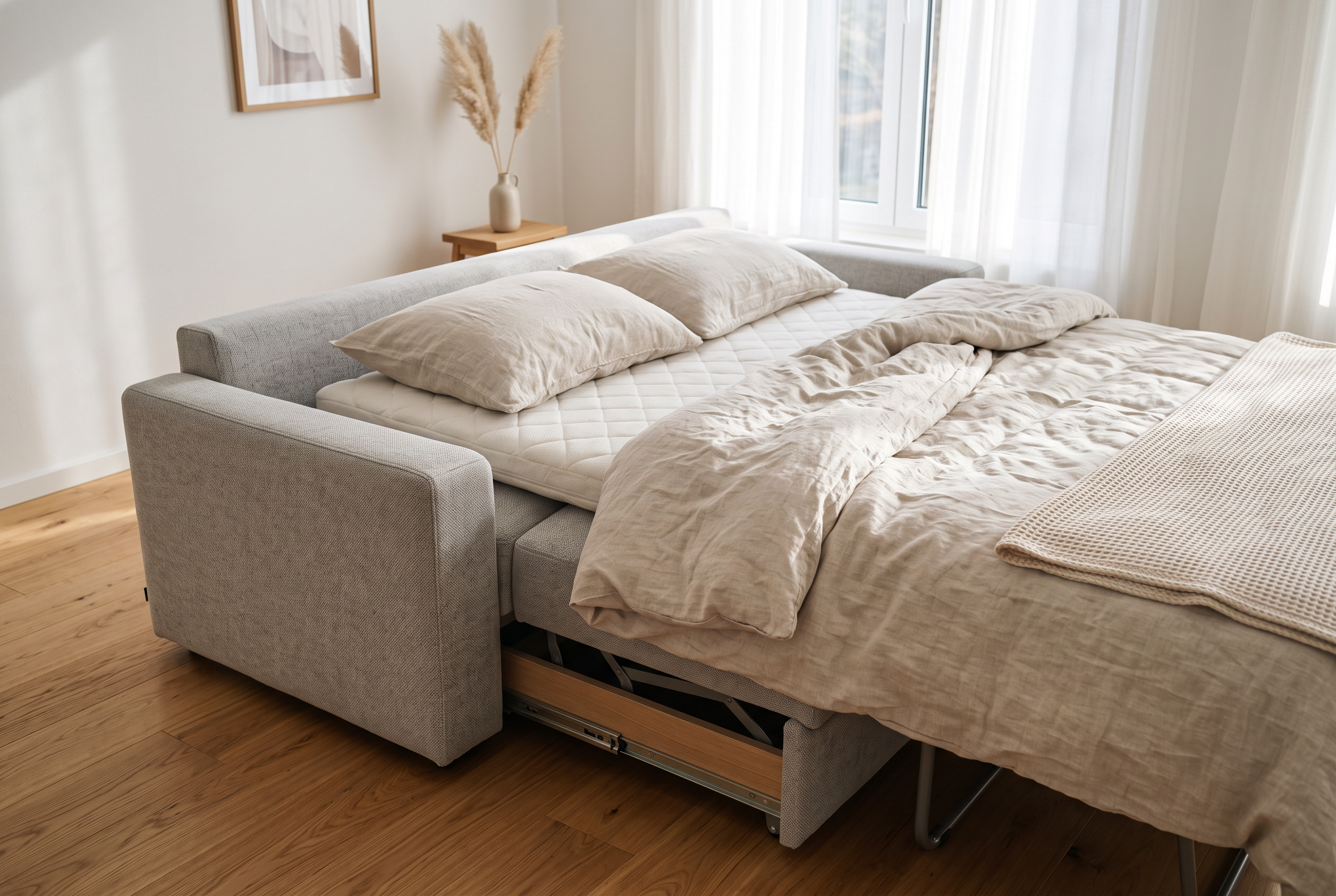 Ausgeklapptes Schlafsofa mit Leinenbettwäsche und Topper
