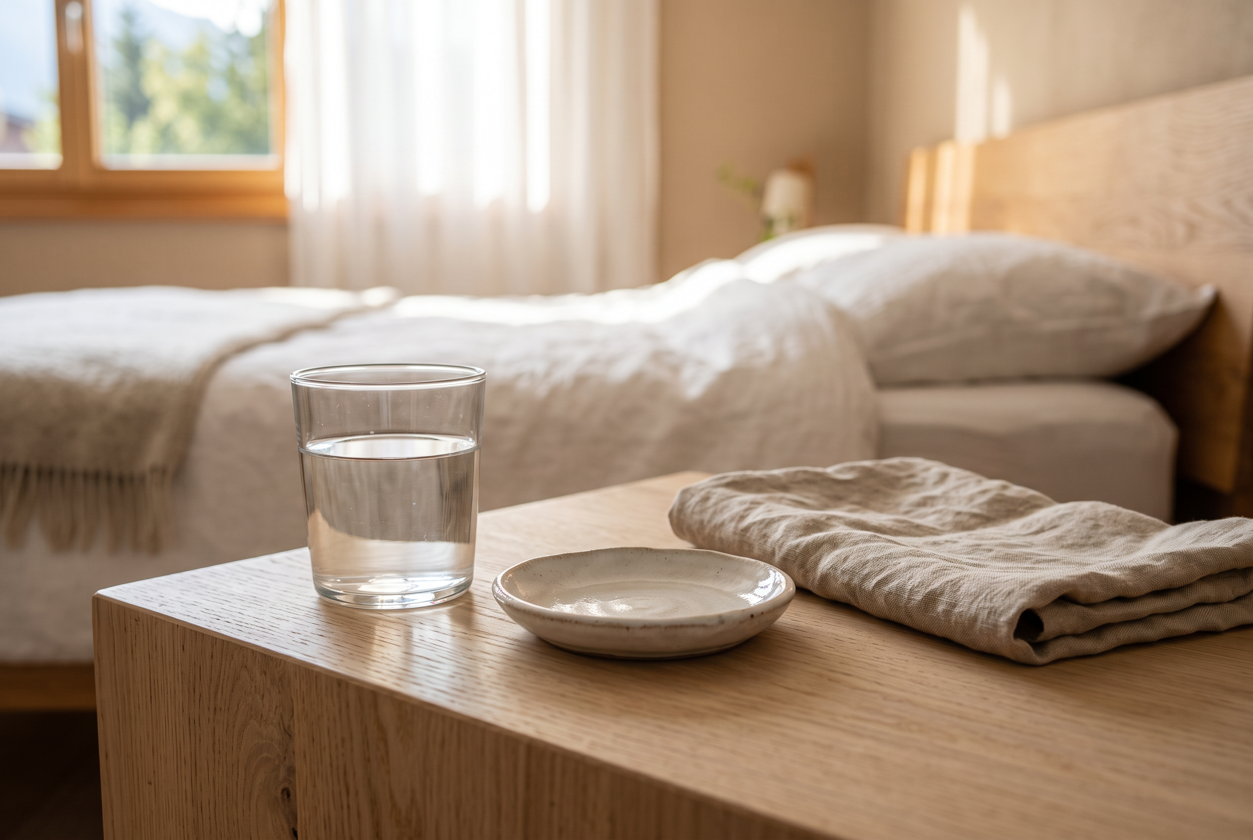 Glas Wasser und leere Keramikschale auf einem Nachttisch