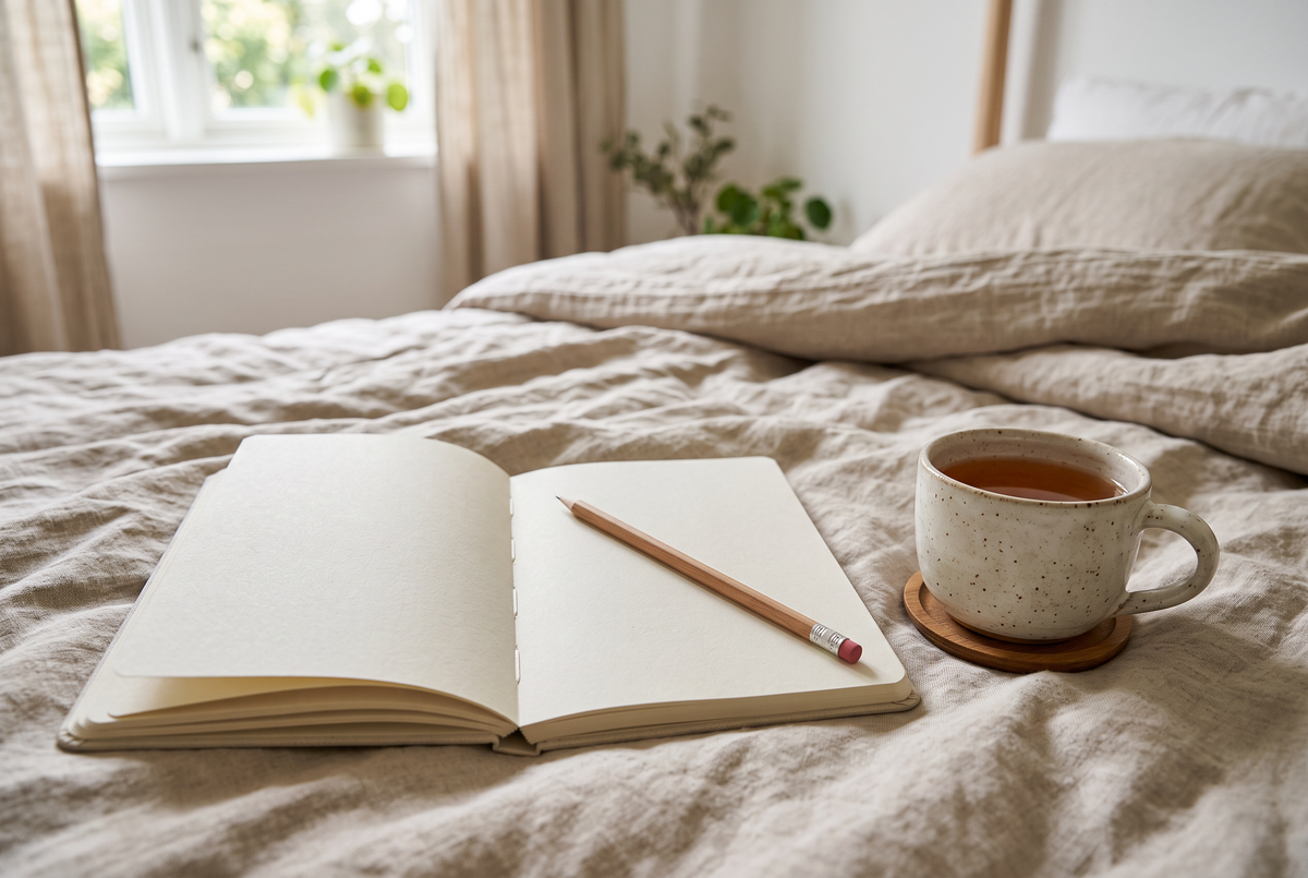 Aufgeschlagenes Notizbuch mit Stift und Teetasse auf dem Bett