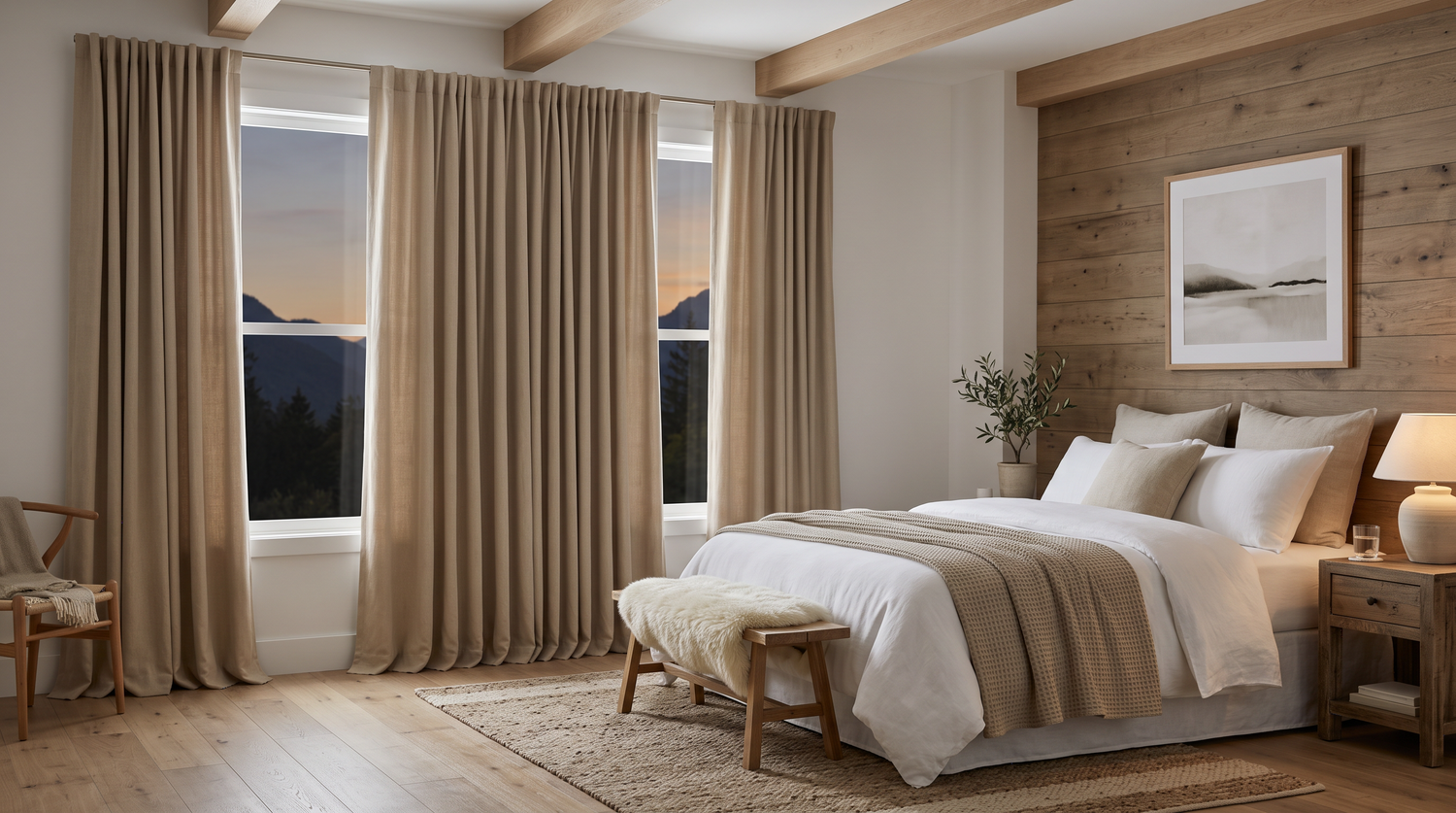 Schlafzimmer mit beigen Verdunkelungsvorhängen vor grossem Fenster