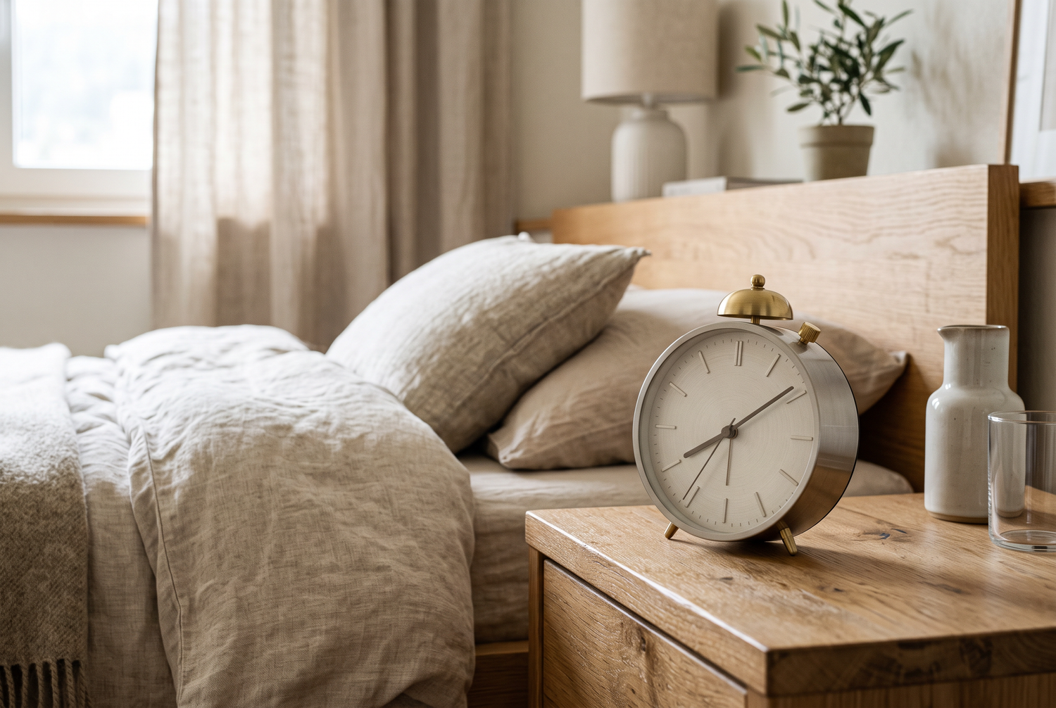 Minimalistischer Wecker auf dem Nachttisch als Symbol für den 90-Minuten-Schlafzyklus