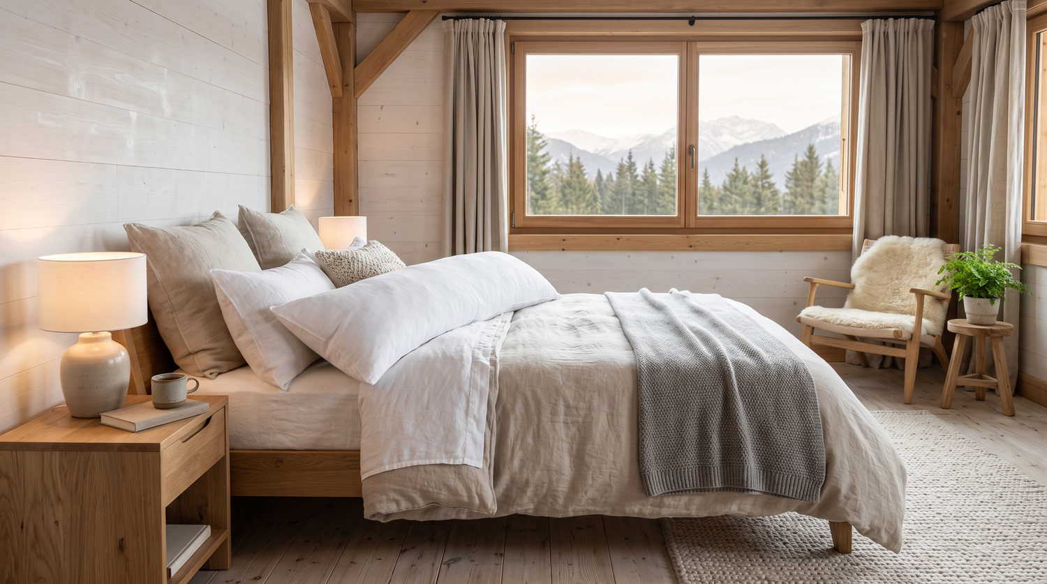 Langes Seitenschläferkissen auf einem gemachten Bett im hellen Schlafzimmer