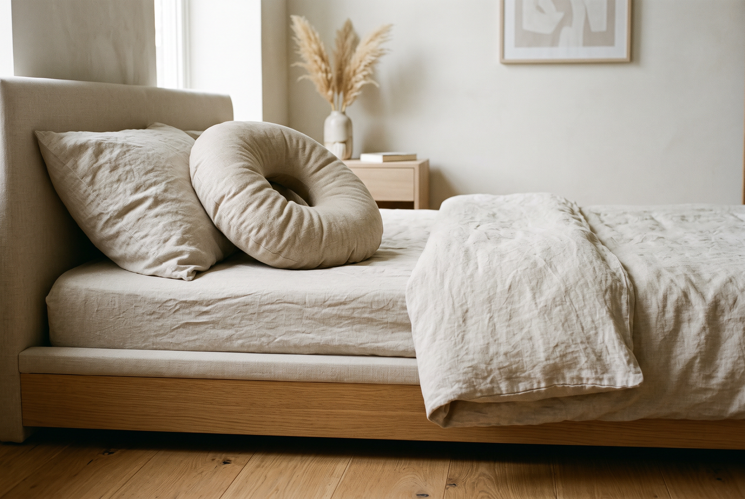 Ringförmiges Sitzkissen und Kissen auf einem Bett