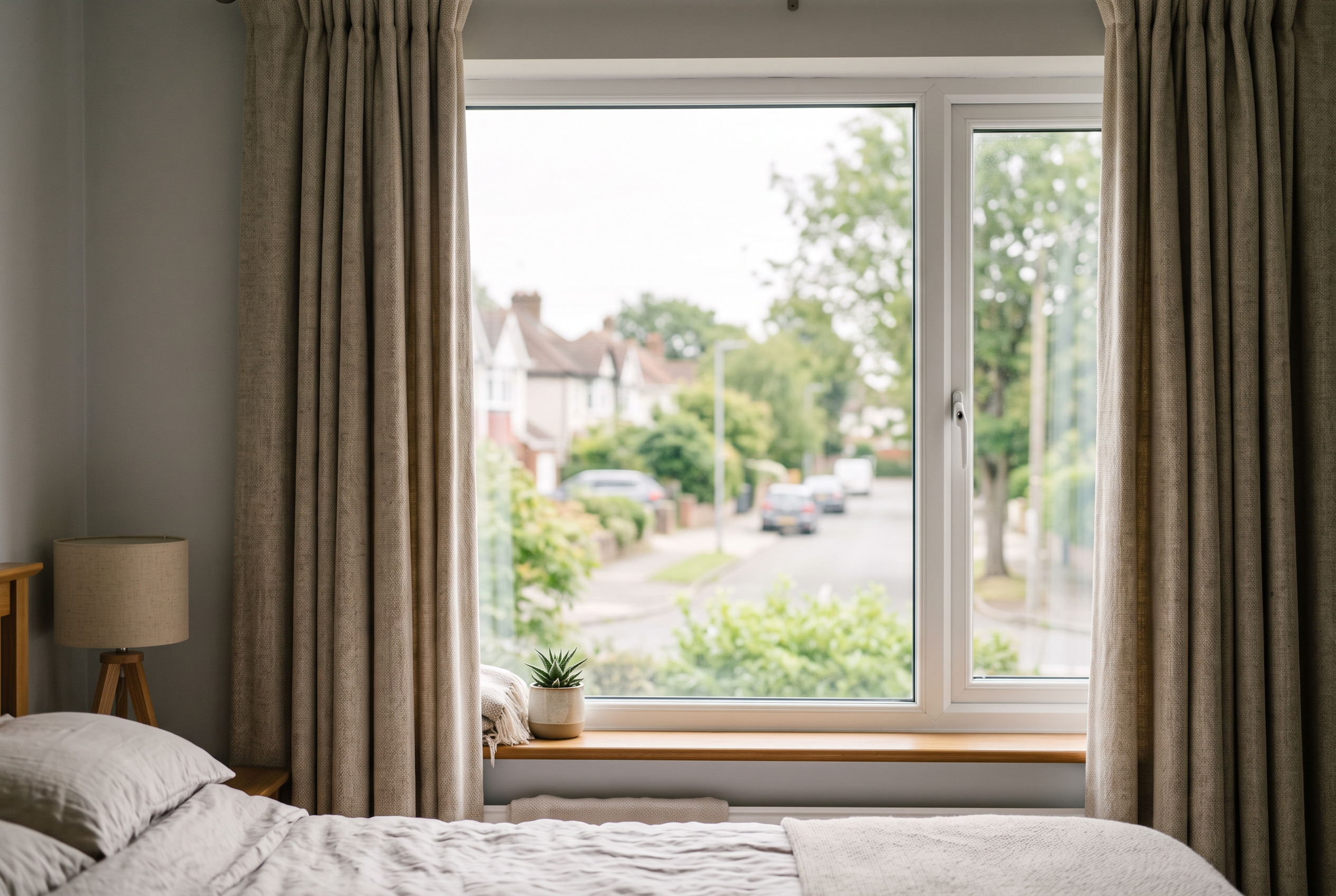 Schallschutzfenster mit dichten Vorhängen im Schlafzimmer