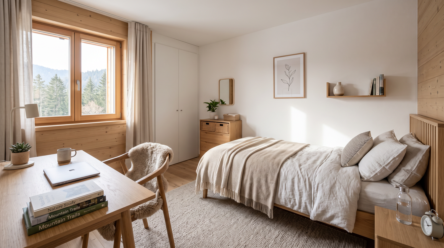 Aufgeräumtes Jugendzimmer mit Bett und Schreibtisch am Fenster