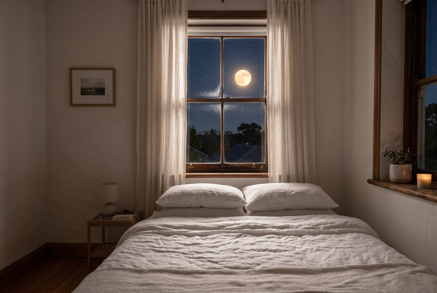 Vollmond scheint durch Schlafzimmerfenster mit Leinenvorhängen