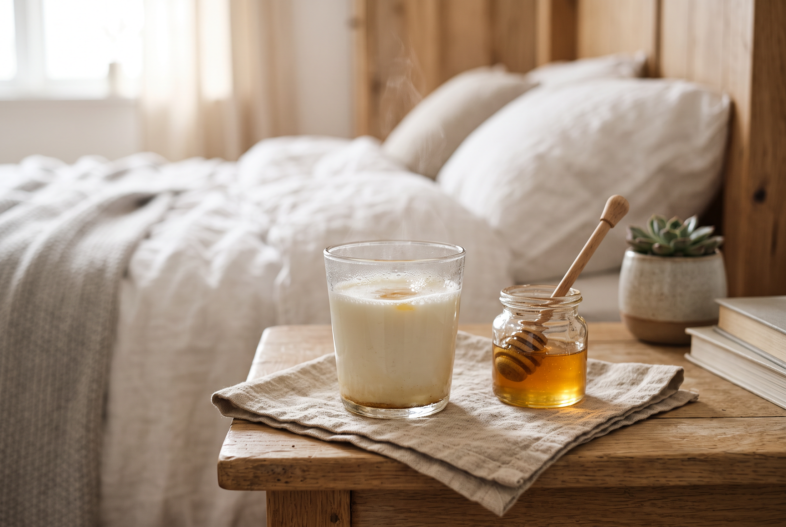 Glas warme Milch mit Honig auf einem Nachttisch
