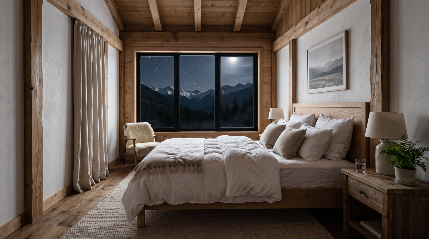 Nächtliches Schlafzimmer mit Bett im sanften Mondlicht und Sternenhimmel vor dem Fenster