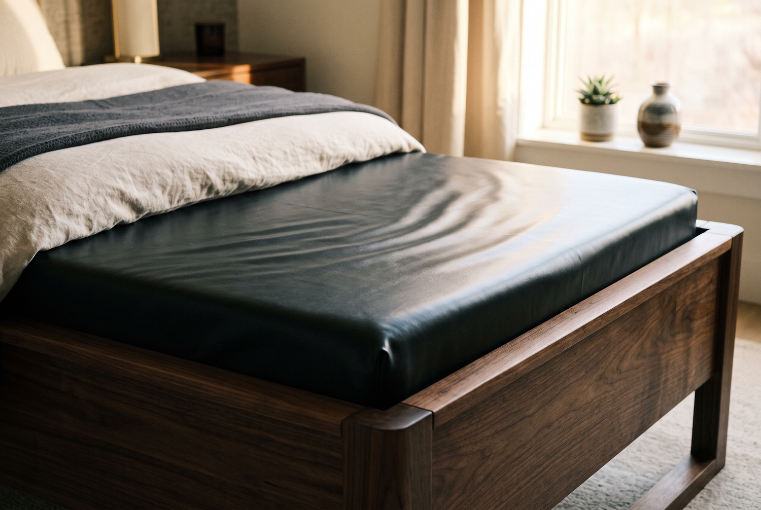 Detail eines modernen Wasserbetts mit glatter Oberfläche und sanften Lichtreflexen