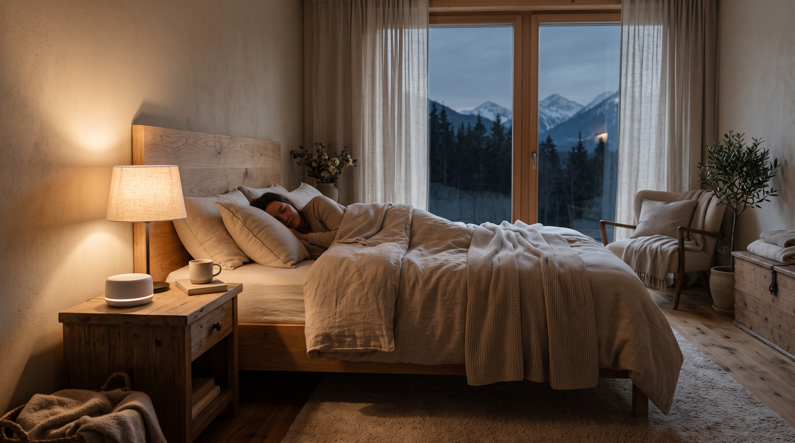 Ruhiges Schlafzimmer am Abend mit kleiner Geräuschmaschine auf dem Nachttisch