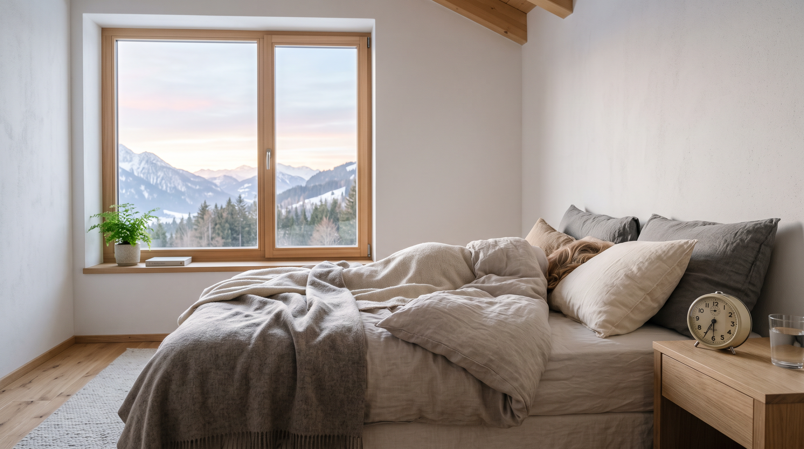 Ruhiges Schlafzimmer im Morgengrauen mit analogem Wecker – Zeitumstellung und innere Uhr