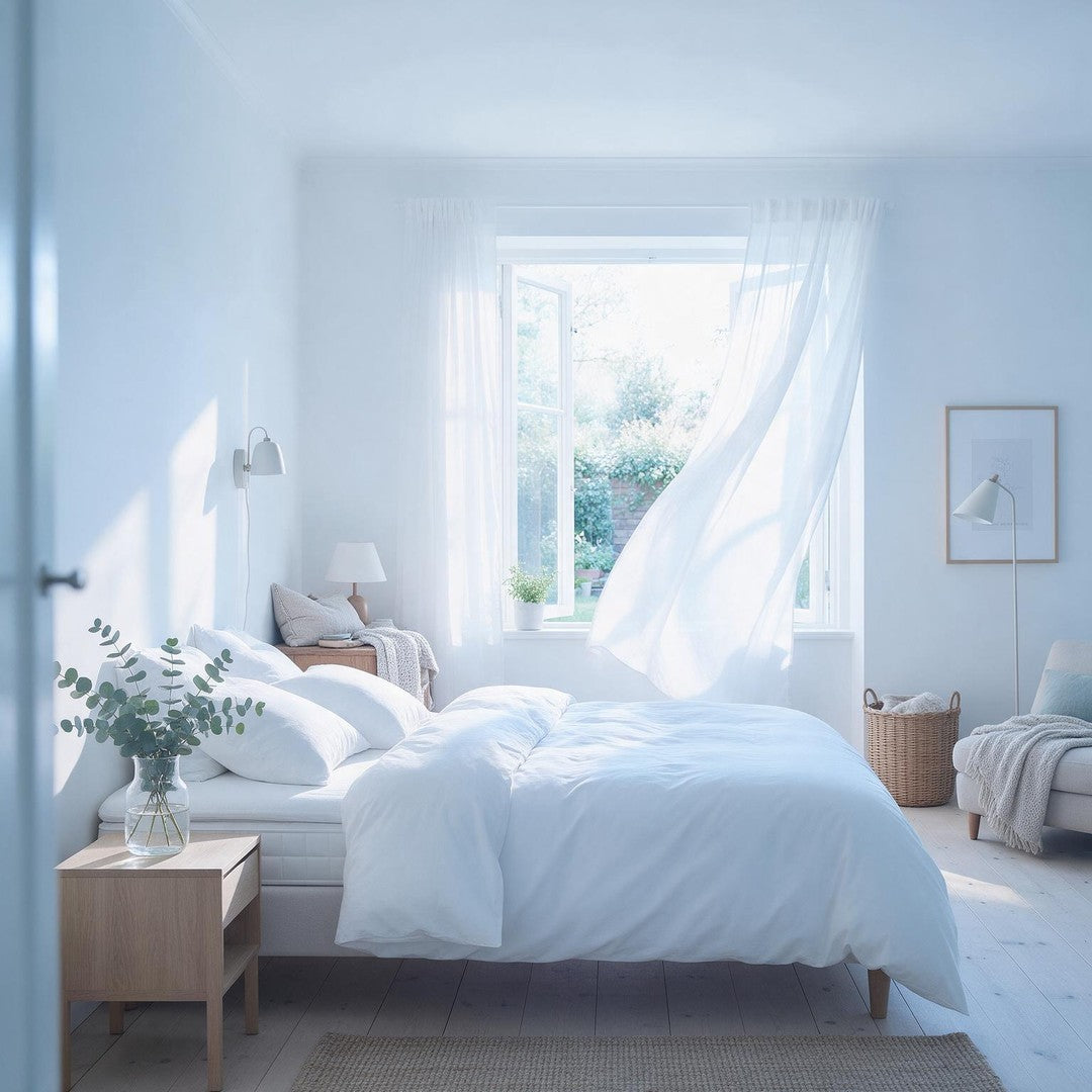 Helles frisches Schlafzimmer mit wehendem Vorhang am offenen Fenster