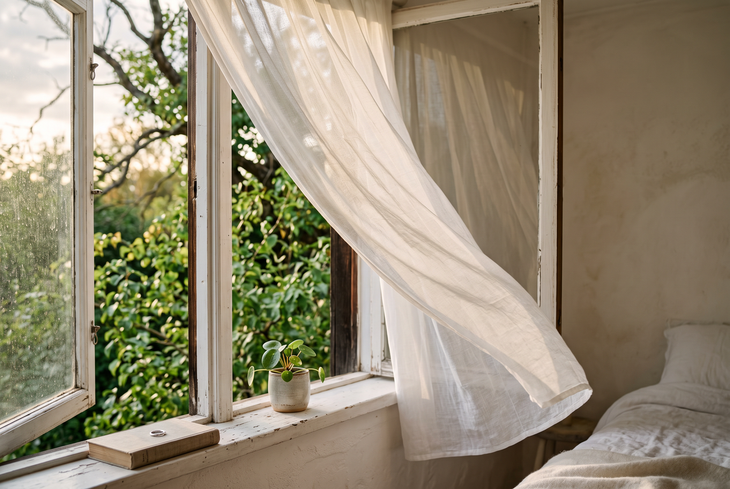 Offenes Fenster mit leicht bewegtem weissem Vorhang im Tageslicht