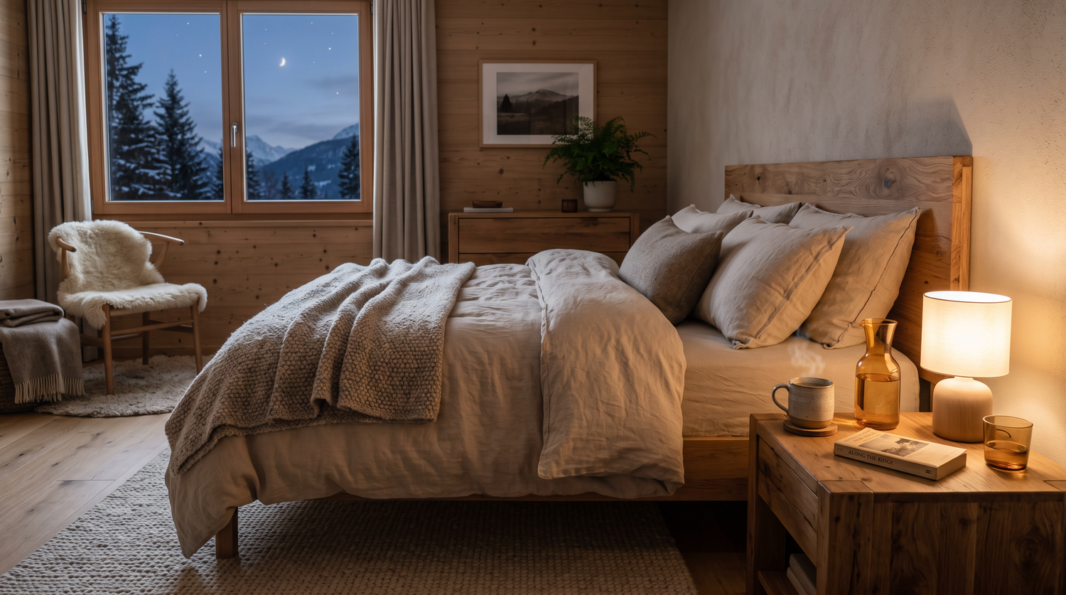 Ruhiges Schlafzimmer am Abend mit Kräutertee und Wasserkaraffe auf dem Nachttisch