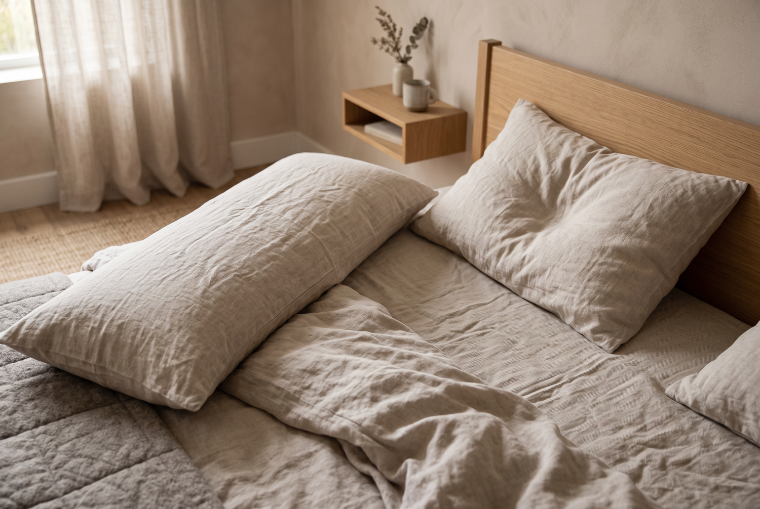 Bett mit Seitenschläferkissen und Kopfkissen auf Leinenbezug