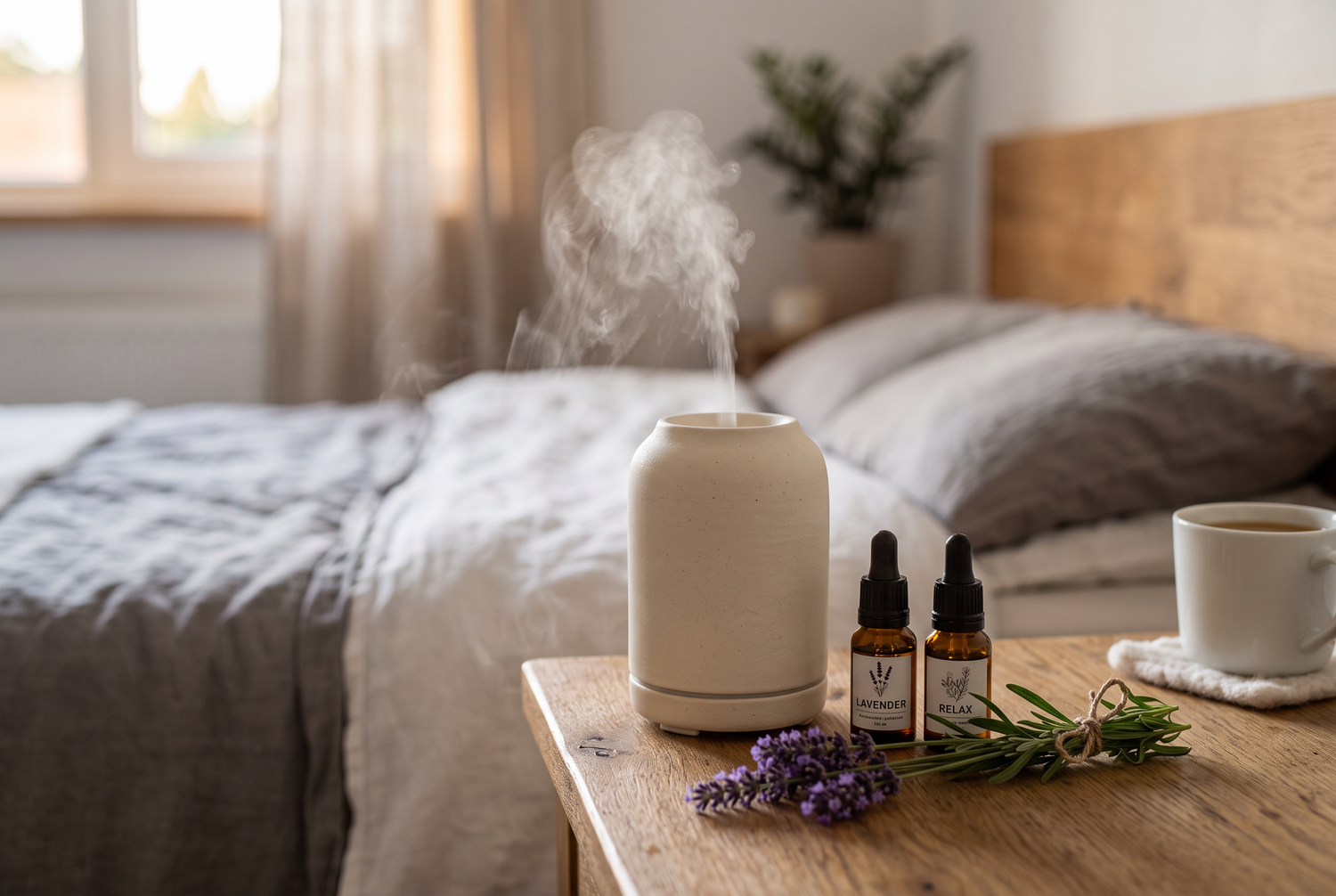 Aroma-Diffuser mit Lavendel und ätherischen Ölen auf dem Nachttisch