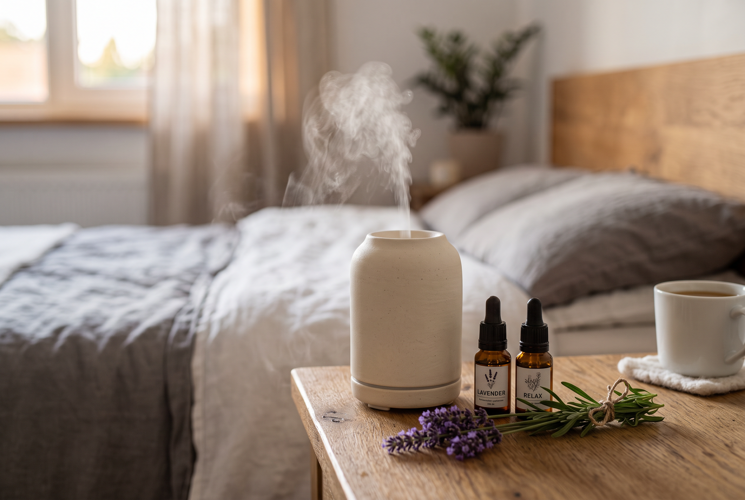 Aroma-Diffuser mit Lavendel und ätherischen Ölen auf dem Nachttisch