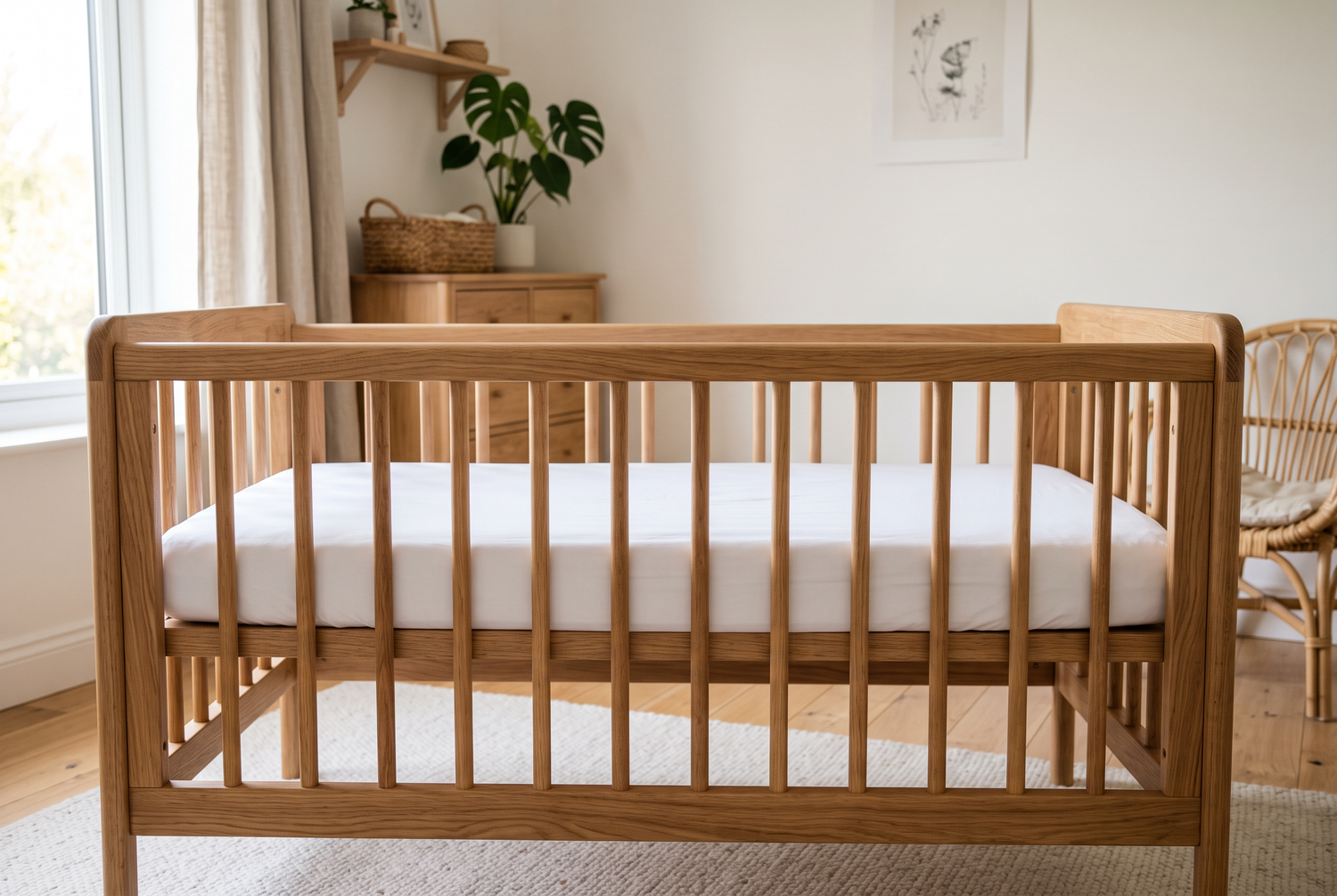 Leeres Babybett mit fester flacher Matratze und Spannleintuch