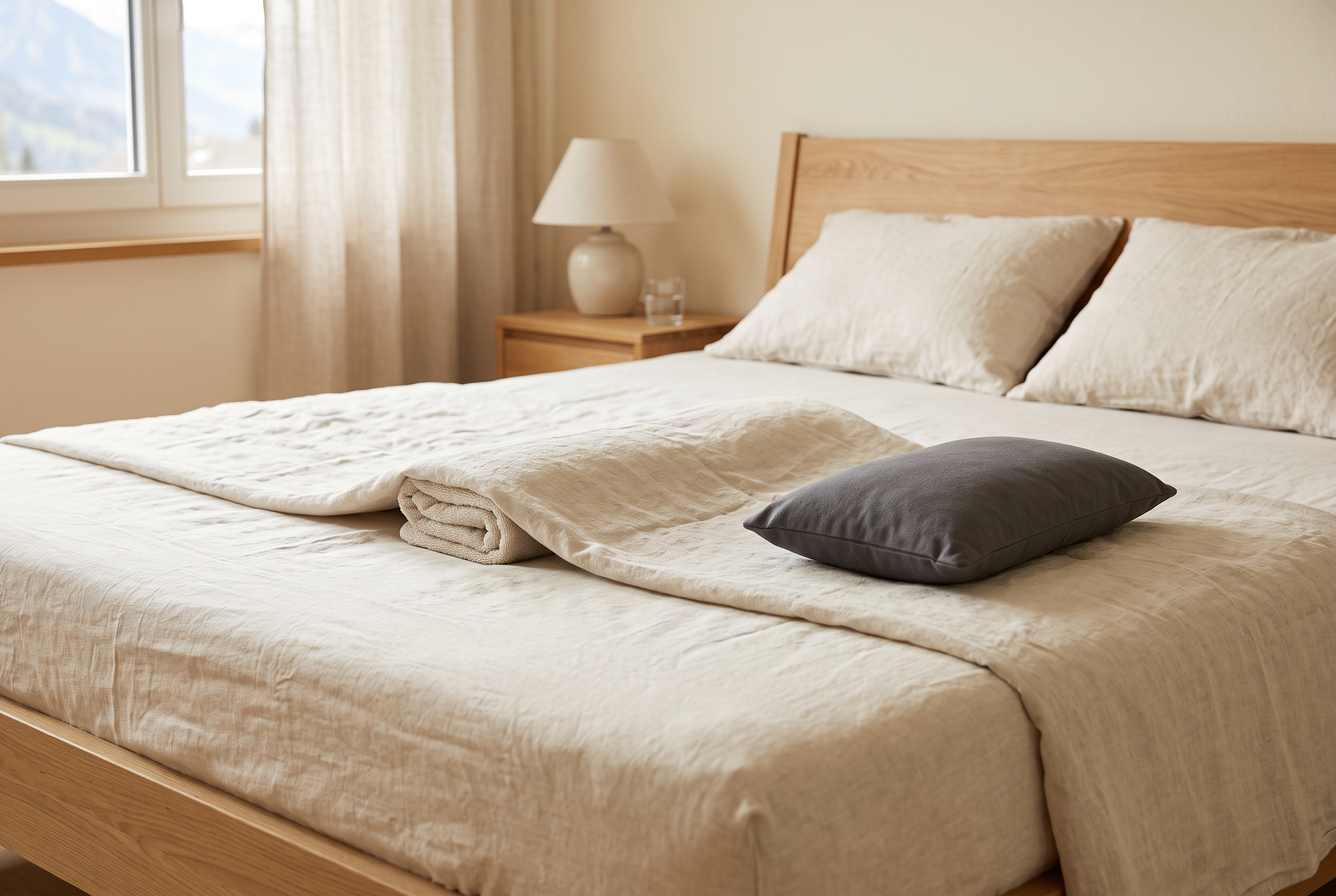 Bett mit Kissen zwischen den Knien als rückenschonende Schlafposition