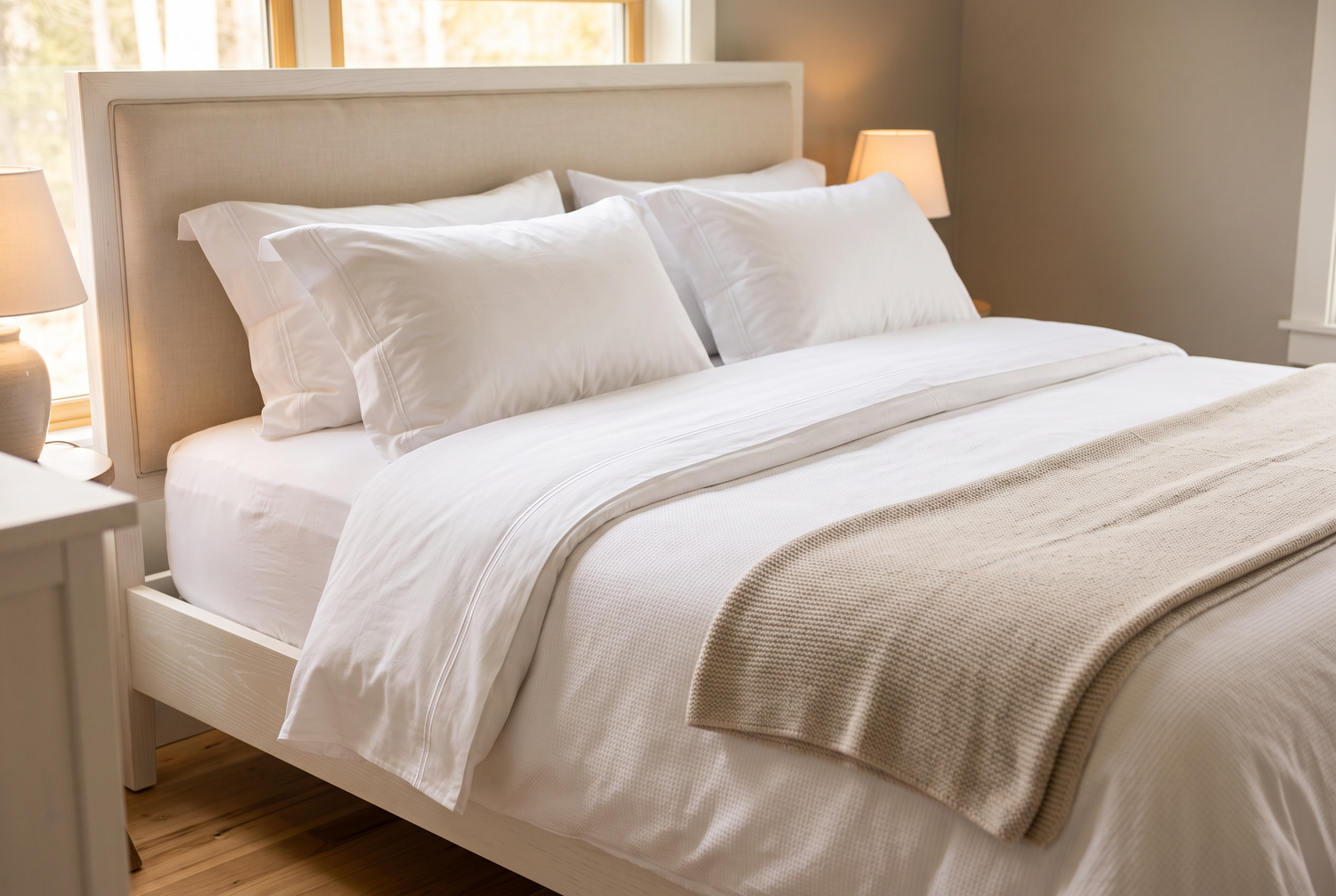 Hotelbett-Detail mit mehrlagiger weisser Bettwäsche und Kissen