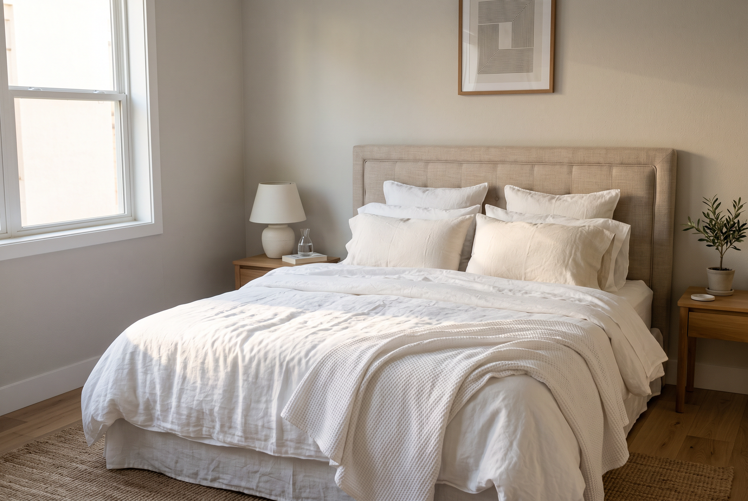 Bett mit Kopfteil an stabiler Wand mit seitlichem Fensterlicht