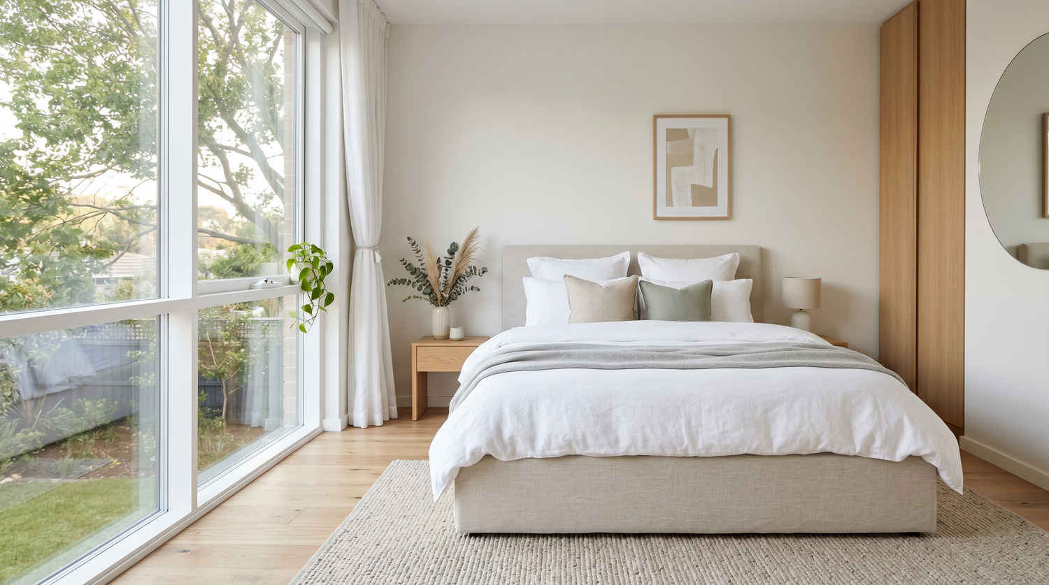 Helles Schlafzimmer mit gepolstertem Bett und weisser Bettwäsche