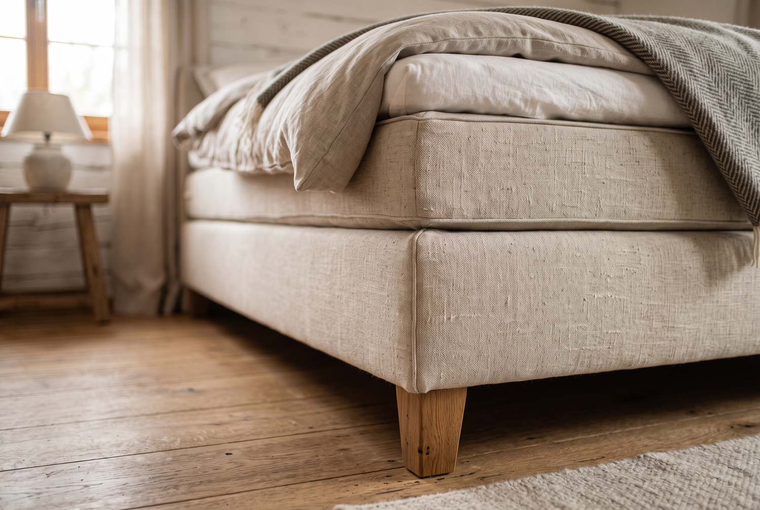 Ecke eines Boxspringbetts mit gepolsterter Basis und Holzfüssen
