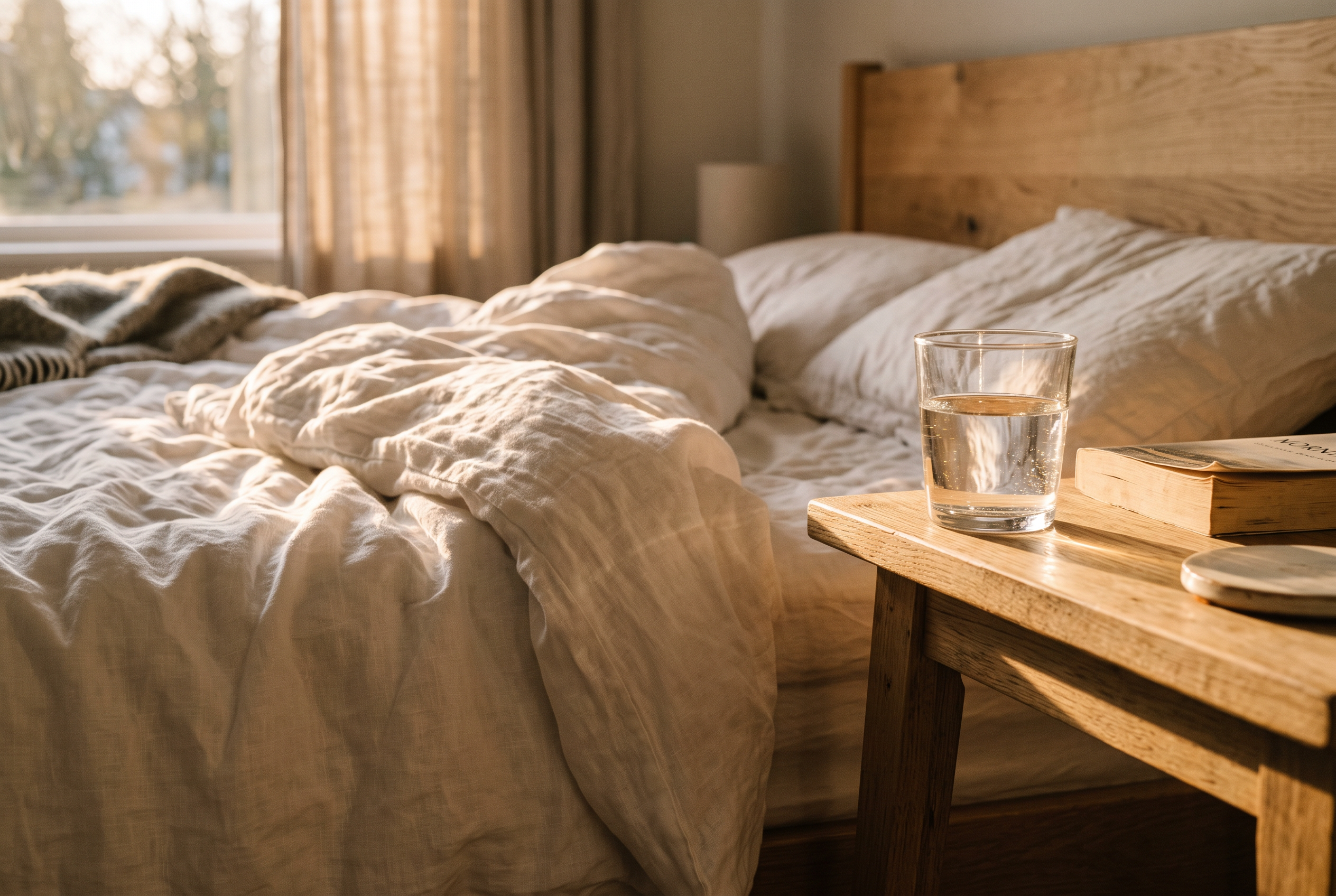 Morgensonne auf Leinenbettwäsche mit Wasserglas auf dem Nachttisch