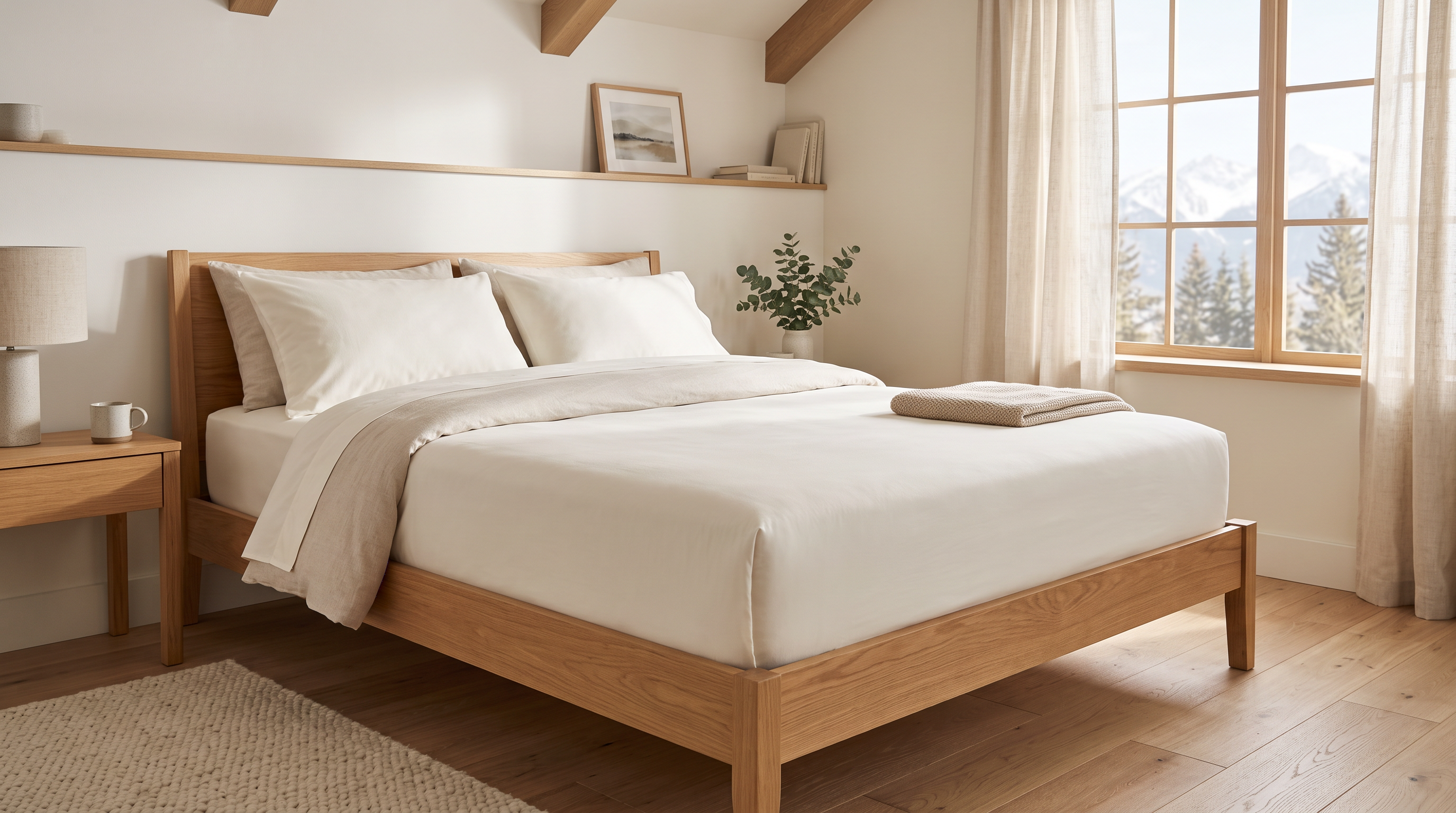 Frisch bezogenes Bett mit glattem Spannbettlaken aus Baumwolle im hellen Schlafzimmer