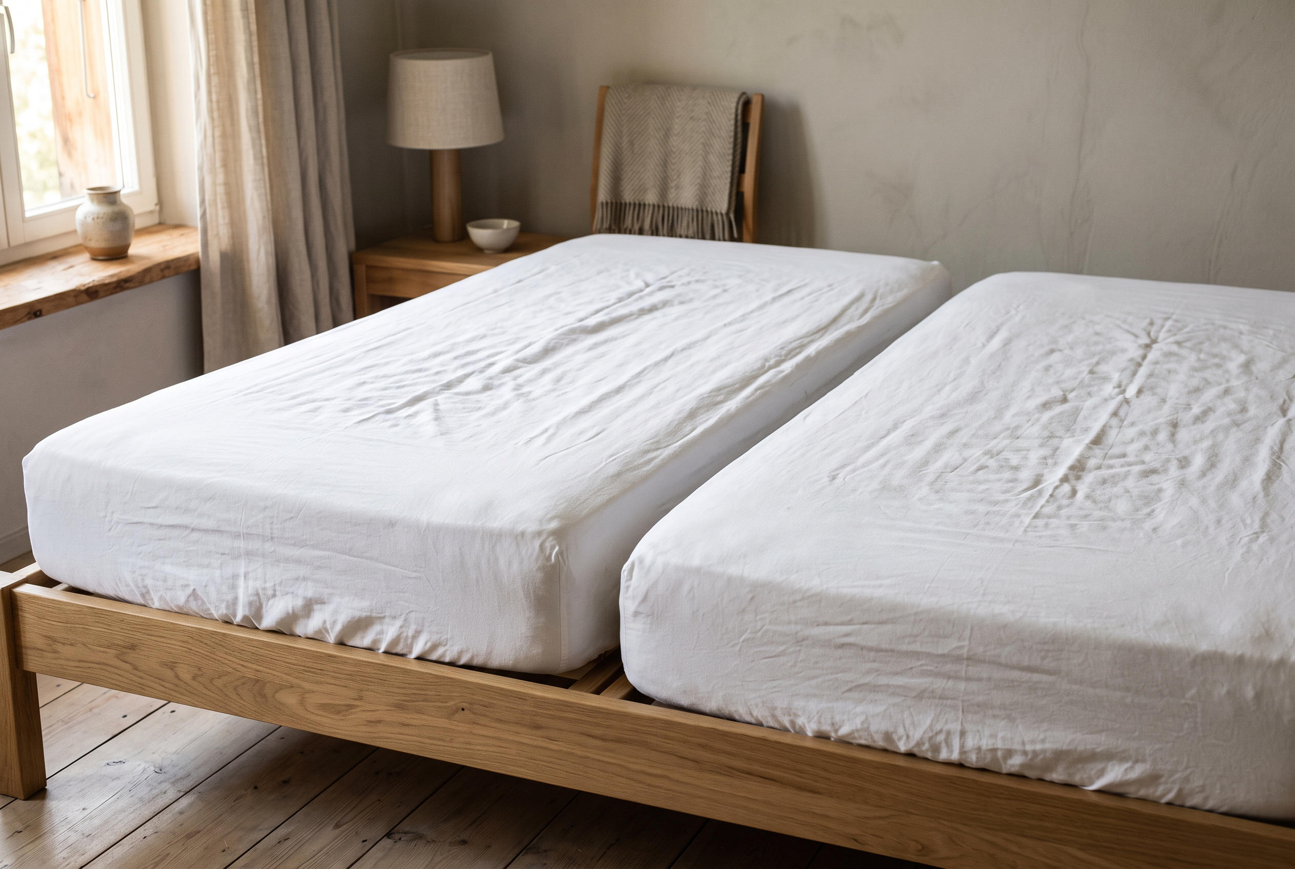 Zwei einzelne Matratzen nebeneinander im Doppelbett mit sichtbarer Ritze