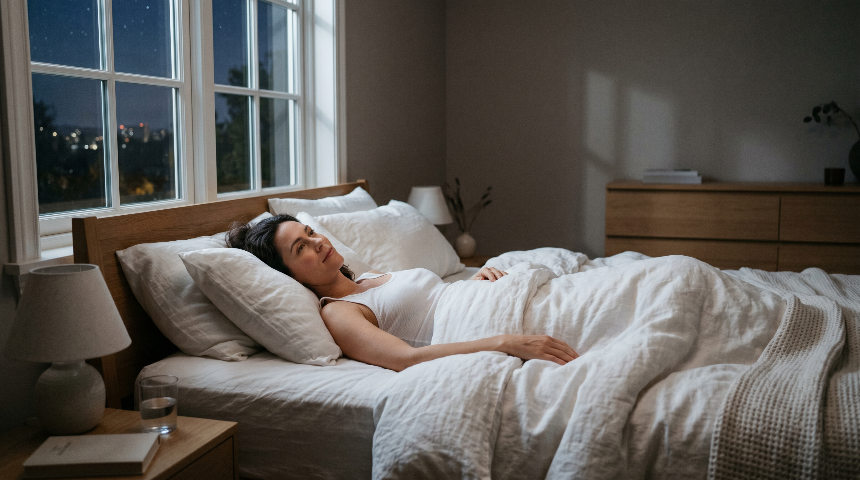 Person liegt nachts ruhig wach im Bett bei sanftem Mondlicht