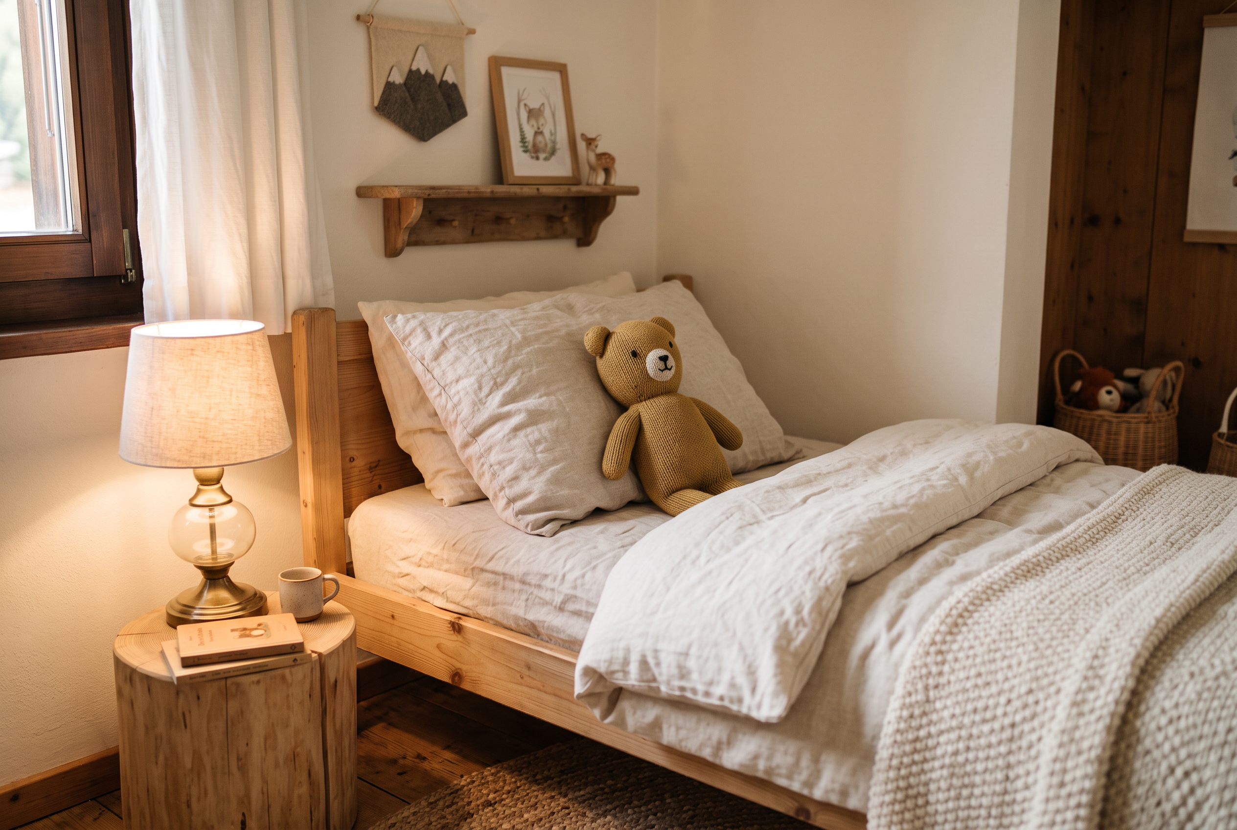 Kinderbett mit Leinenbettwäsche, Kuscheltier und warmem Nachtlicht
