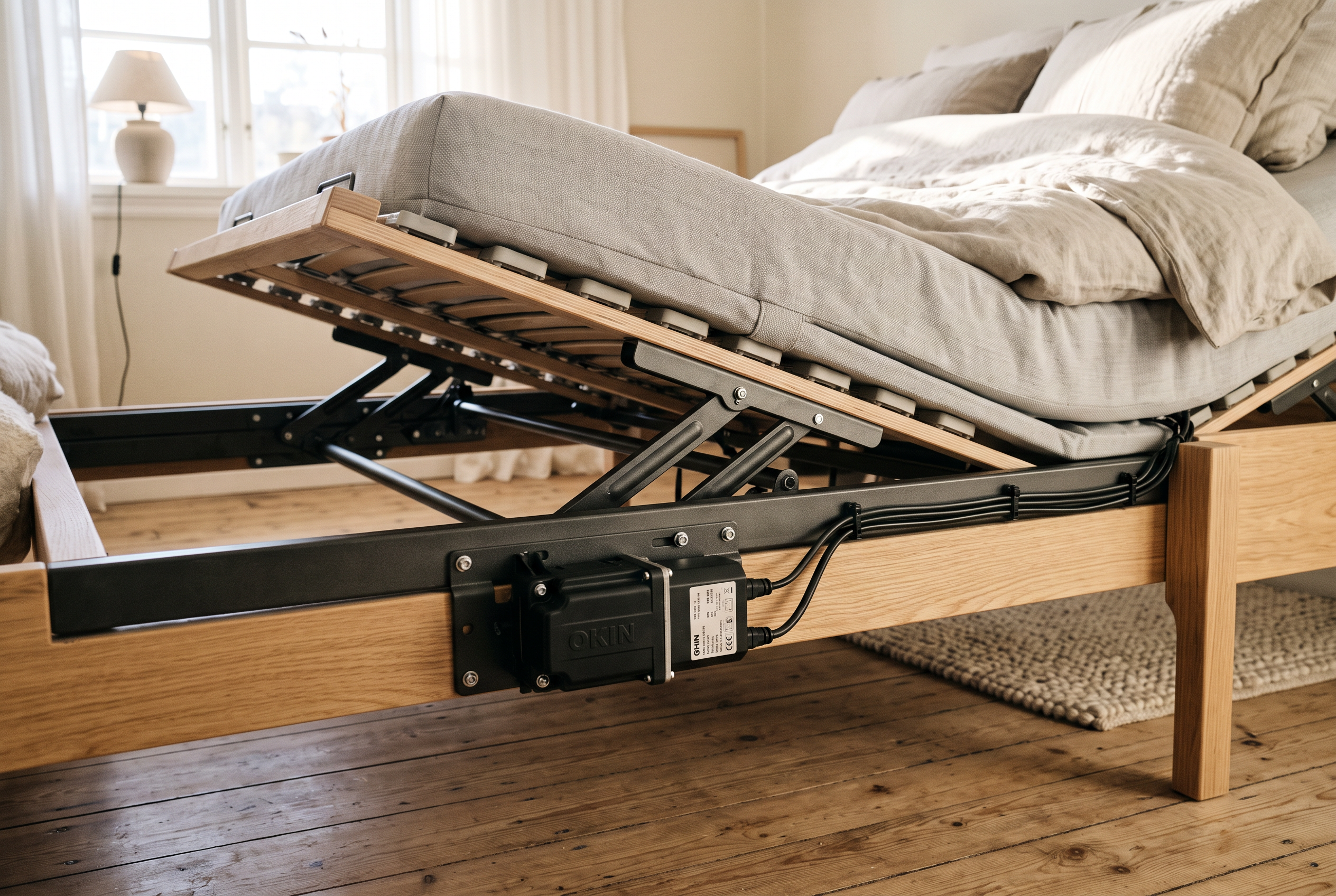 Motor und Beschläge eines elektrischen Lattenrosts unter dem Bett