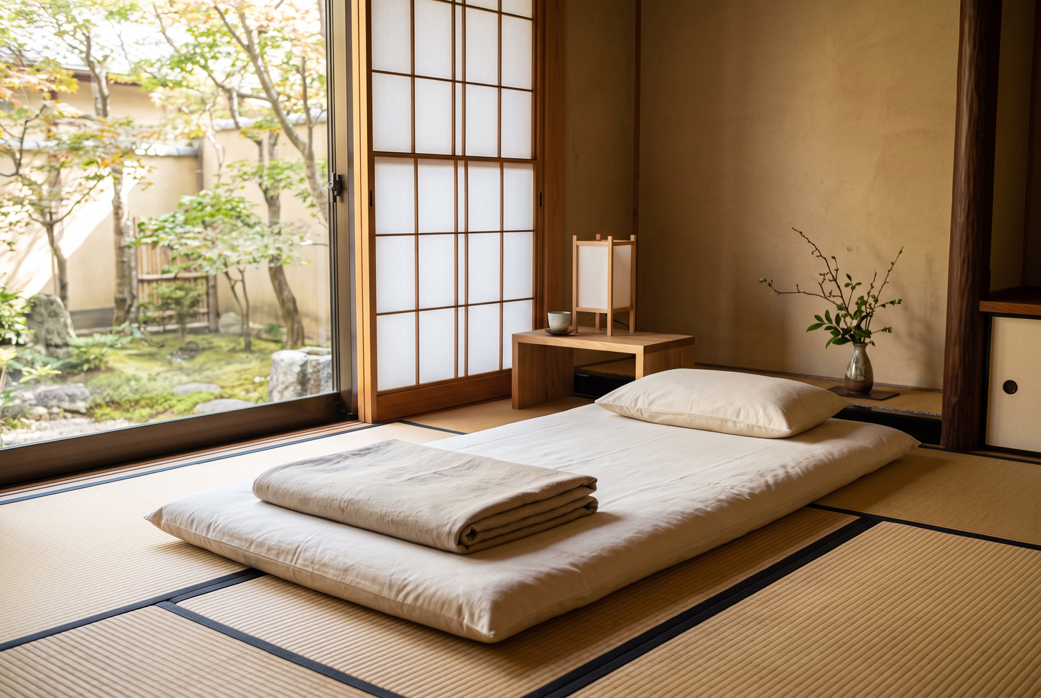 Baumwoll-Futon auf Tatami-Matten mit gefalteter Leinendecke im japanischen Stil