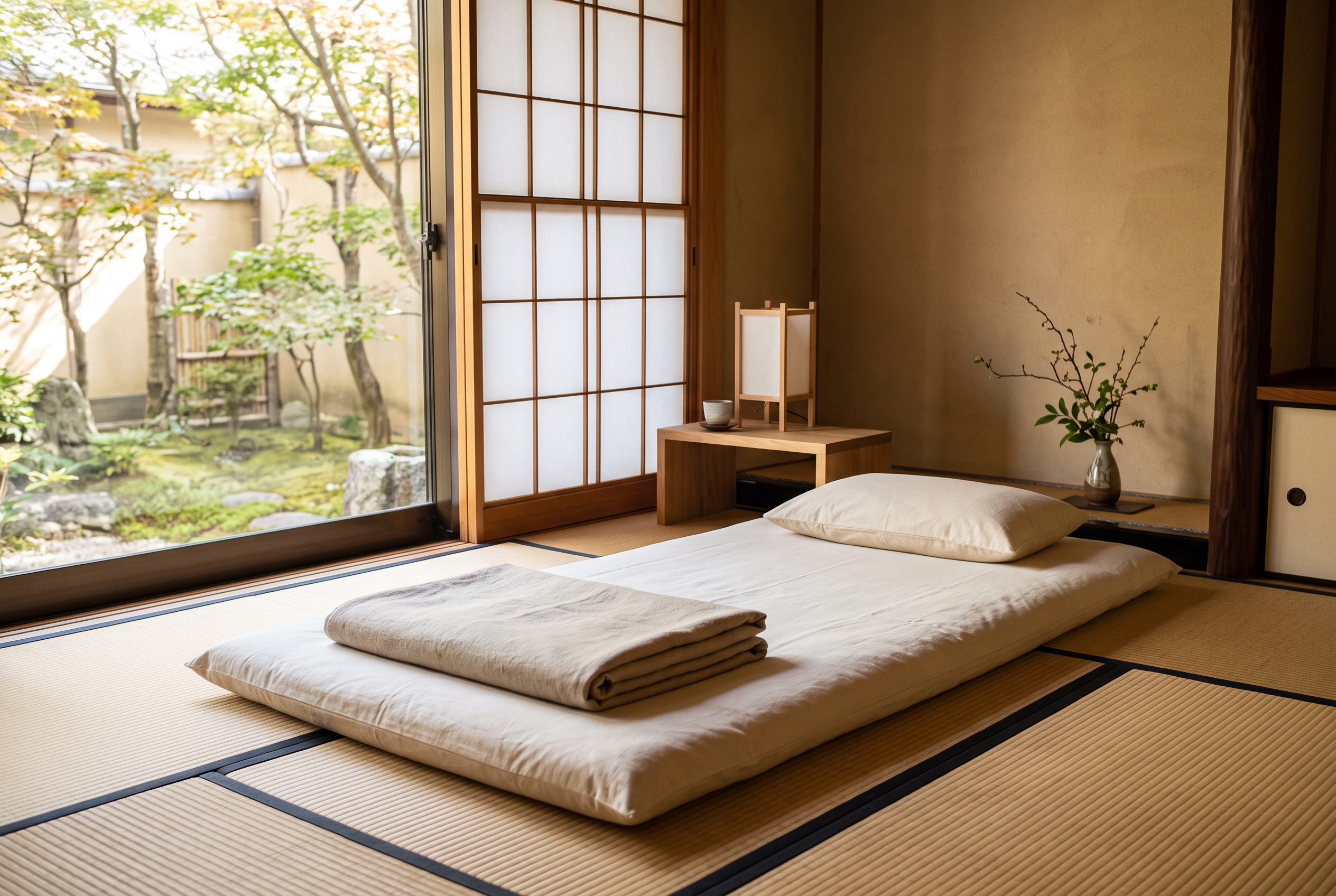 Baumwoll-Futon auf Tatami-Matten mit gefalteter Leinendecke im japanischen Stil
