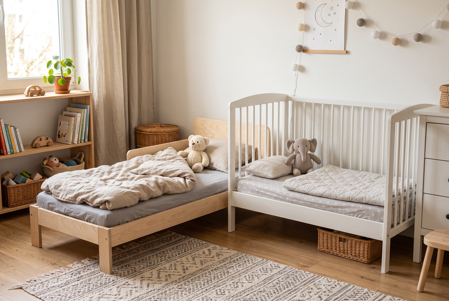Niedriges Juniorbett neben Gitterbett mit entferntem Gitter