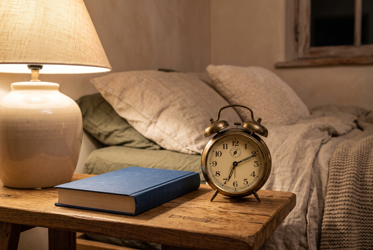 Analoger Wecker und Buch statt Smartphone auf dem Nachttisch