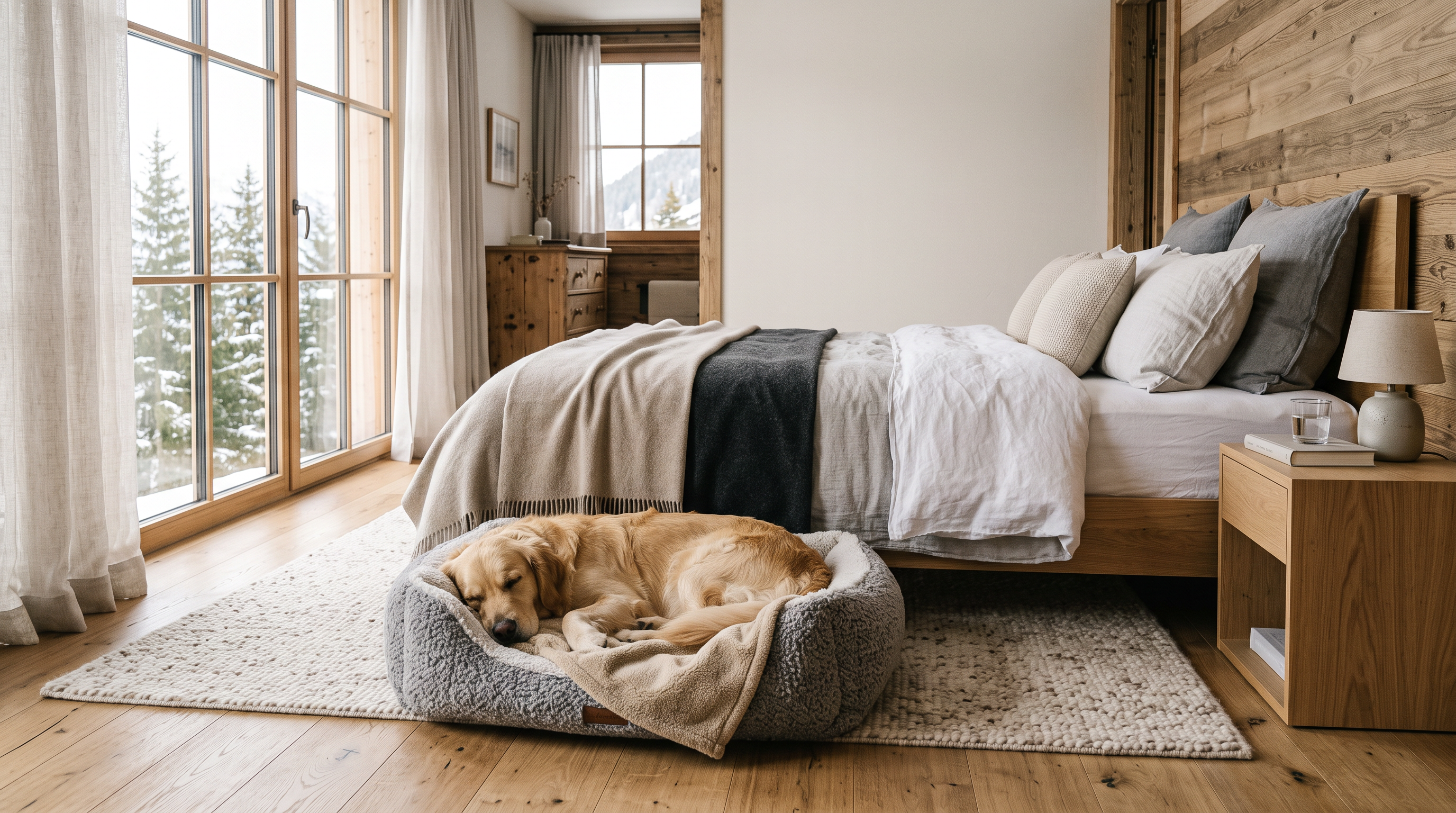 Hund schläft im eigenen Hundebett neben dem Bett im Schlafzimmer