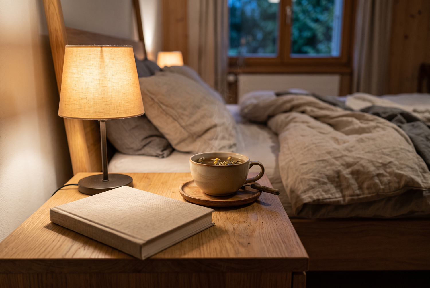 Nachttisch mit Kräutertee, Buch und gedämpfter Leselampe am Abend