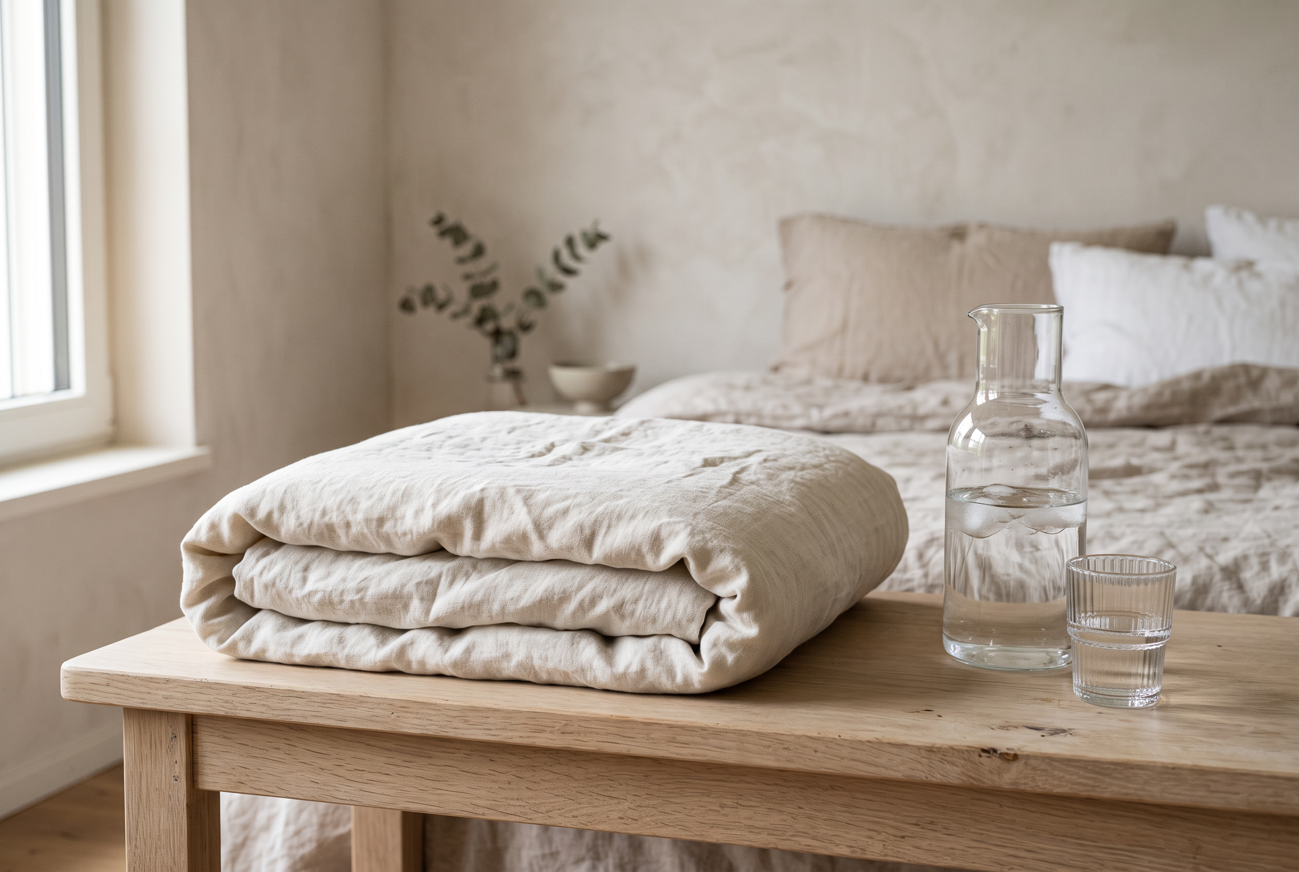Leichtes Leinen-Duvet und Wasserkaraffe auf dem Nachttisch