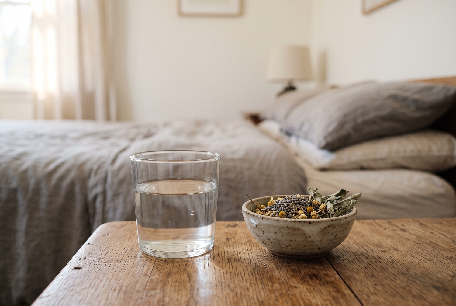 Wasserglas und Kräuterschale auf einem hölzernen Nachttisch
