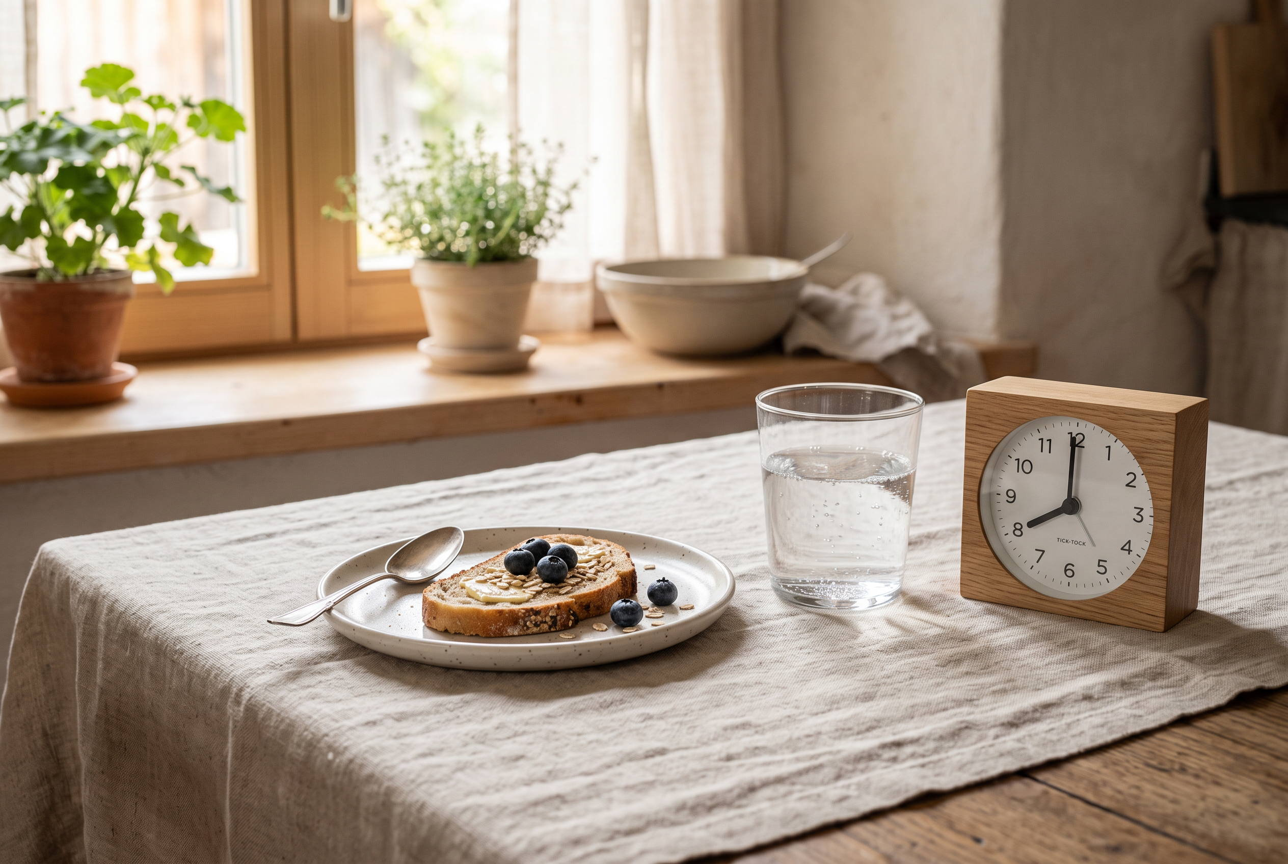 Frühstückstisch mit Uhr – Essenszeiten beim Intervallfasten