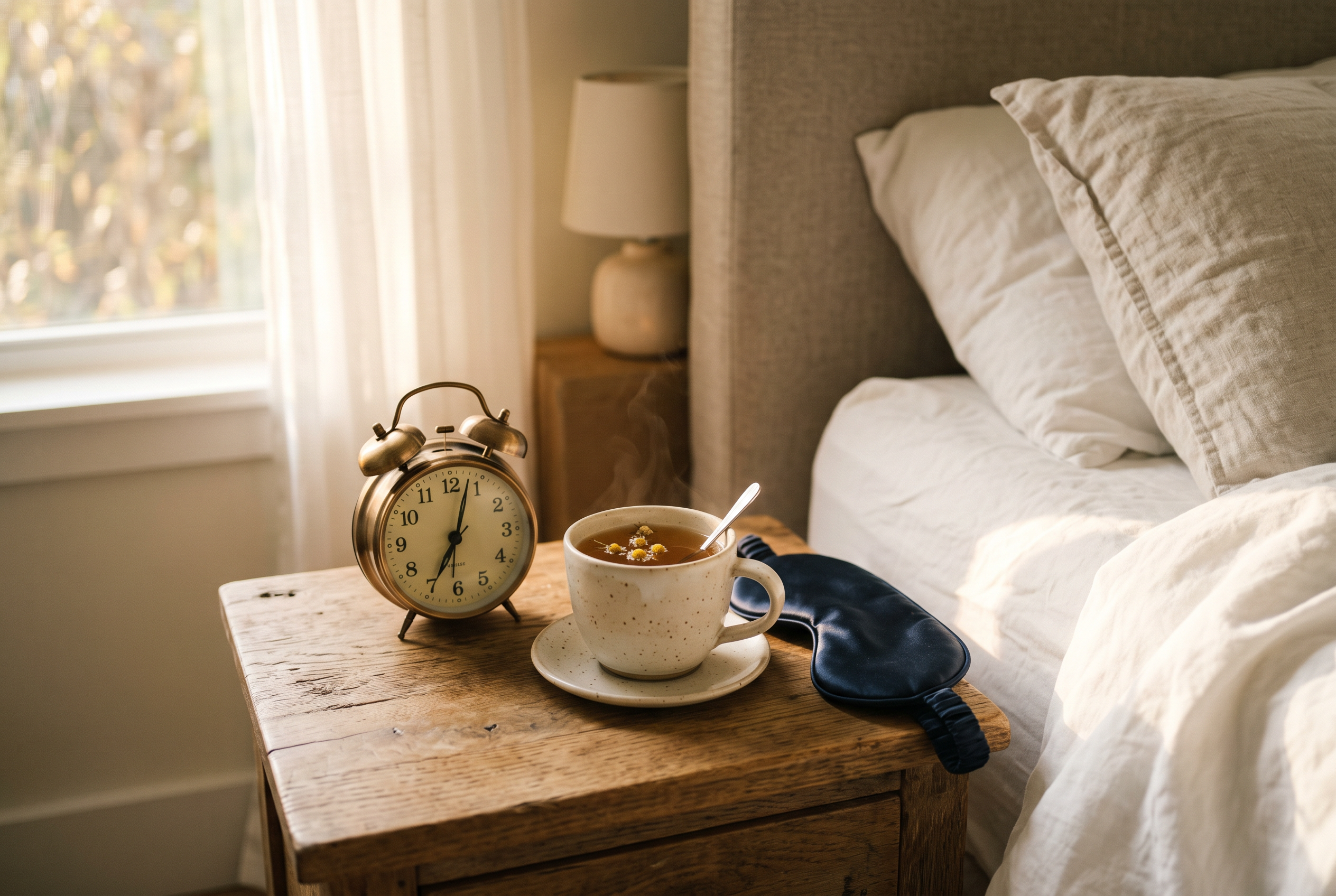 Schlafmaske, Kräutertee und Wecker auf dem Nachttisch